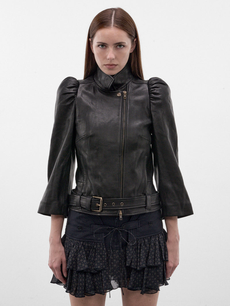Black Leather Puff Sleeves Jacket (VIJA0BLK-BLACK)
