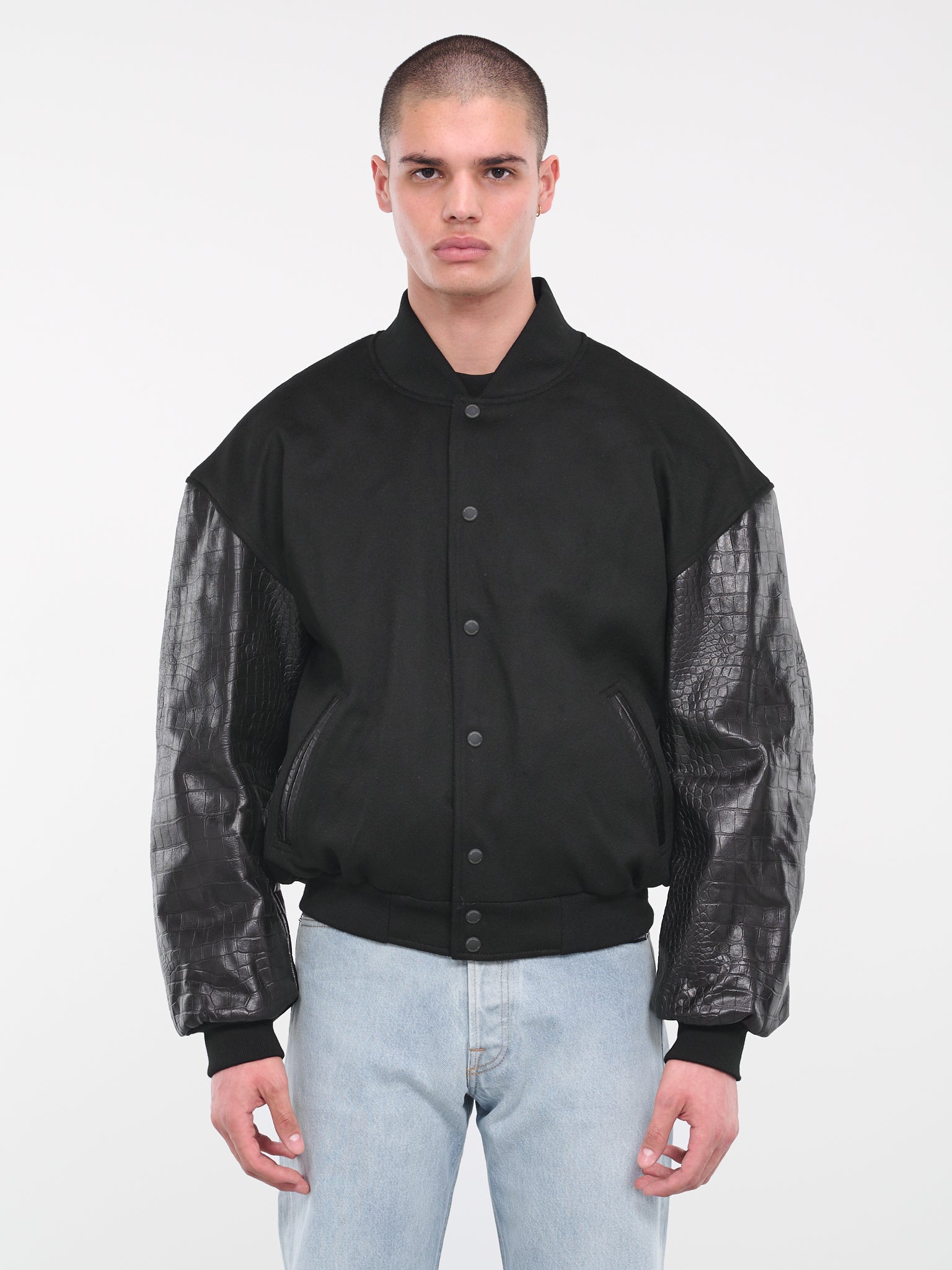 Croc-Leather Varsity Jacket (VL18JA350B-BLACK)