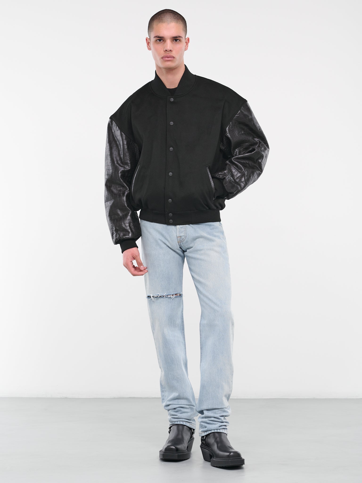 Croc-Leather Varsity Jacket (VL18JA350B-BLACK)