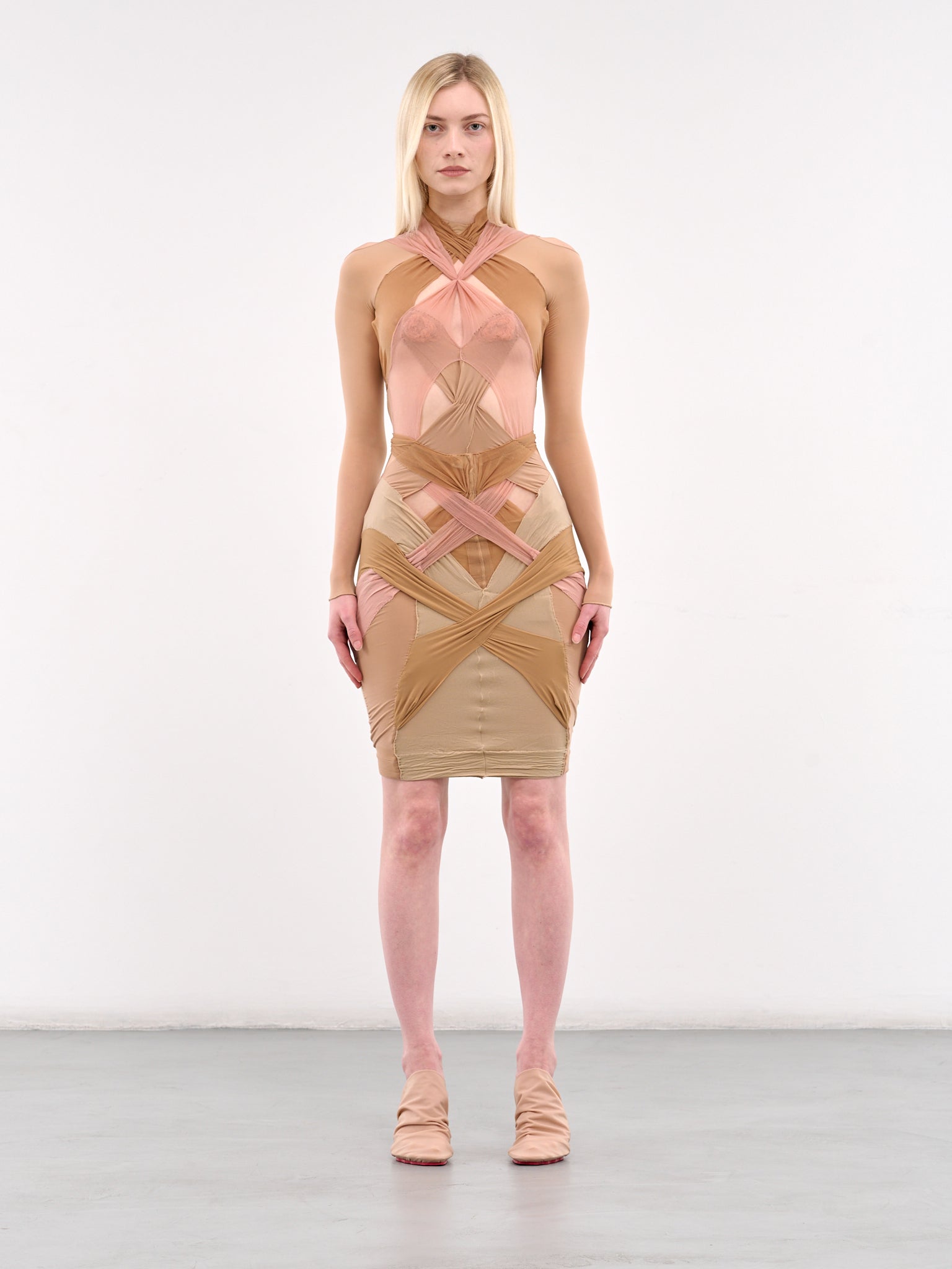 LOU de BETOLY | H.Lorenzo|Stockings Draped Long Sleeve Dress (W24D10-BEIGE-PINK), S / BEIGE LOU de BETOLY | H.Lorenzo|Stockings Draped Long Sleeve Dress (W24D10-BEIGE-PINK), S / BEIGE