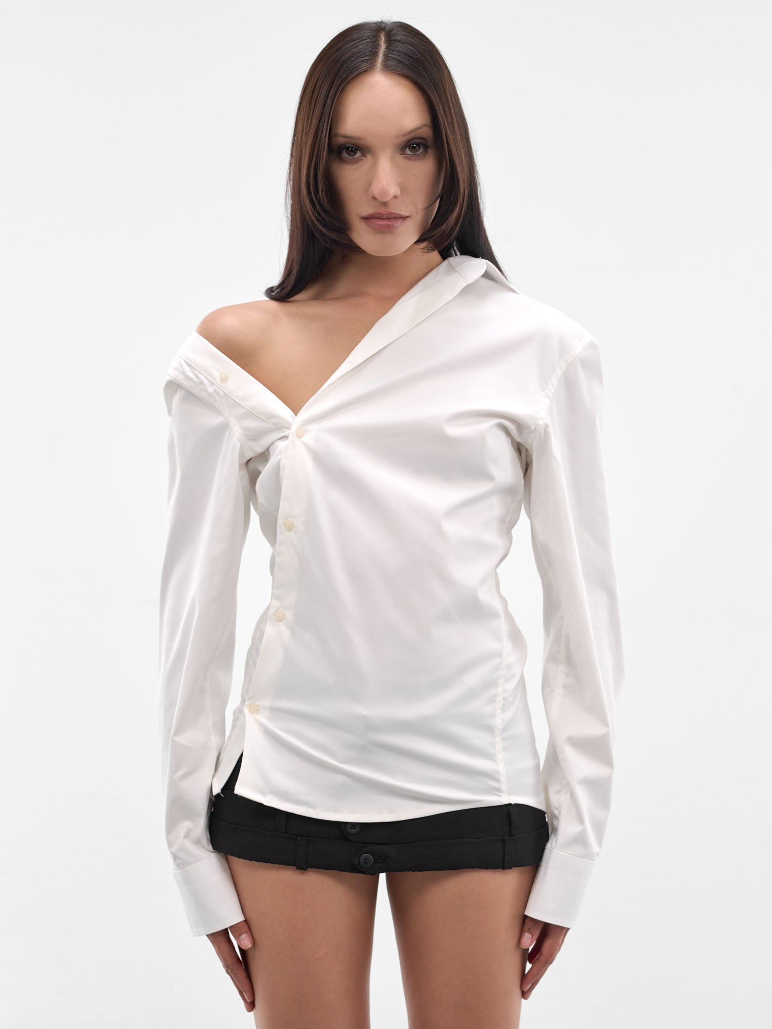 White Re-Worked Cotton Asymmetric Shirt (W25924601-WHITE)