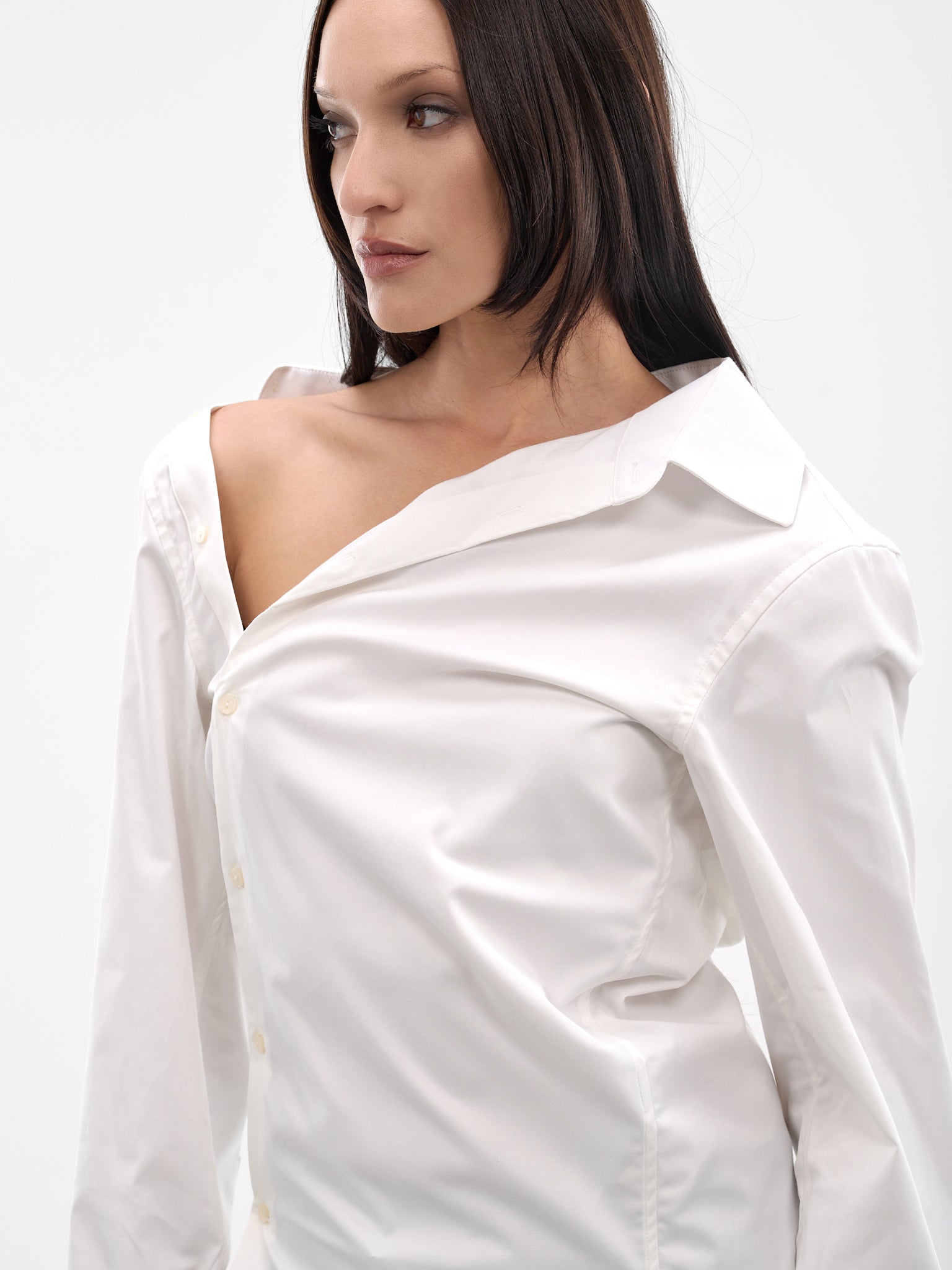 White Re-Worked Cotton Asymmetric Shirt (W25924601-WHITE)