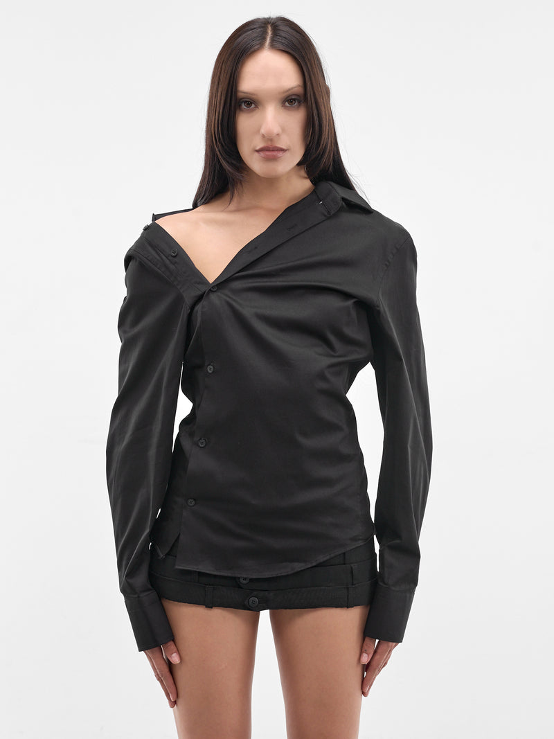 Black Cotton Asymmetric Shirt (W25924702-BLACK)