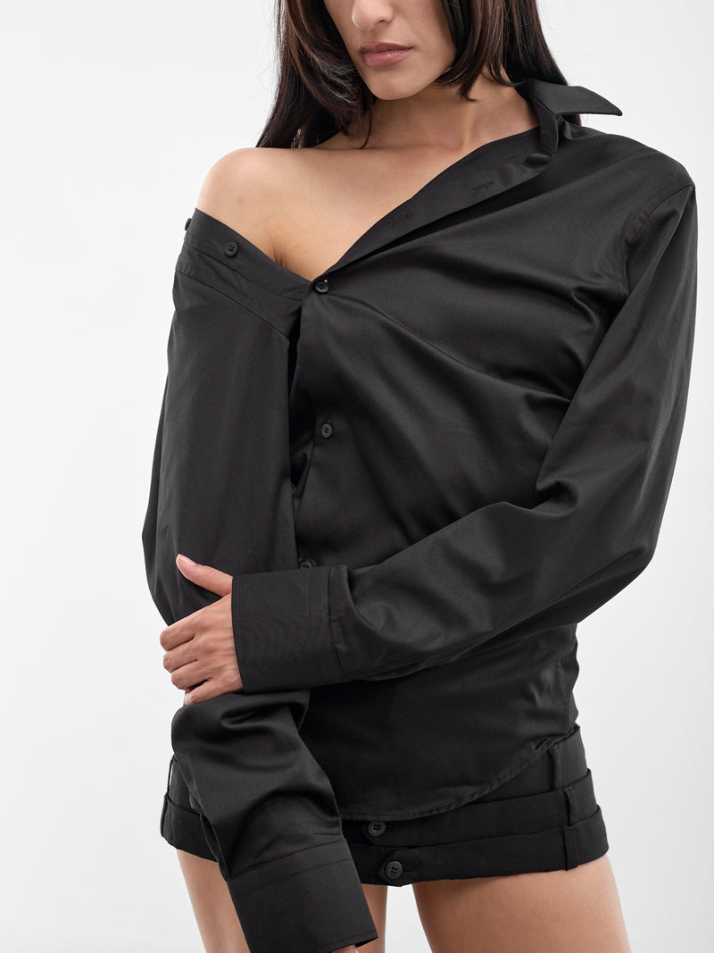 Black Cotton Asymmetric Shirt (W25924702-BLACK)