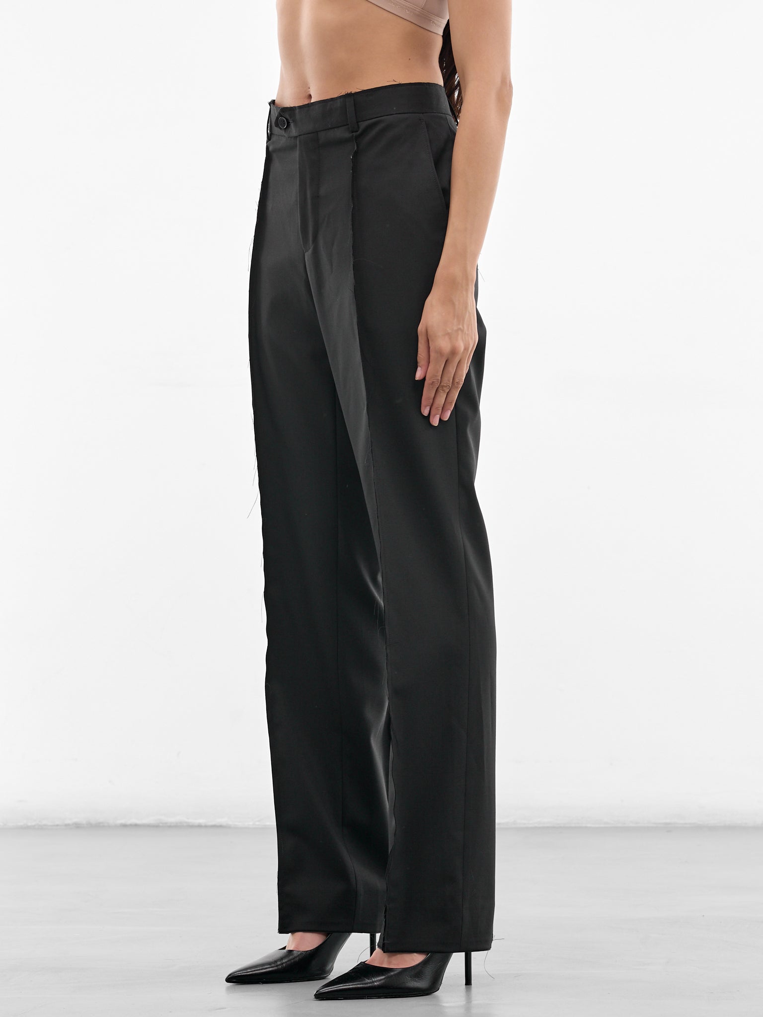 Black Wool Deconstructed Horsehair Trousers (W25950402-BLACK)