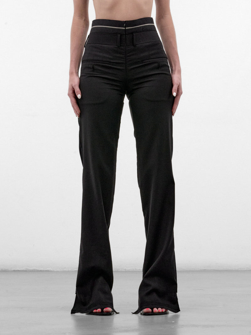 Layered Waistband Wool Wide Trousers (WAISTBAND-WOOL-TROUSERS-BLACK)