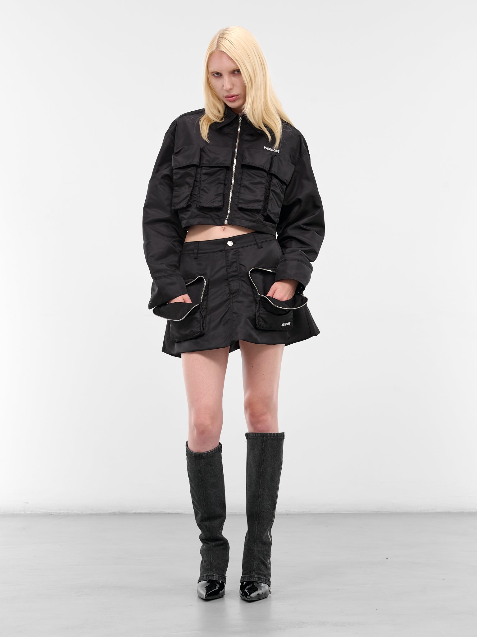 Black Nylon Pocket Mini Skirt (WD-SK3-25-273-WBK-BLACK)