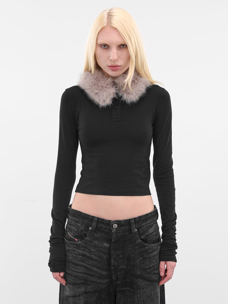 Black Fur Collar Slim Tee (WD-TT3-25-759-WBK-BLACK)