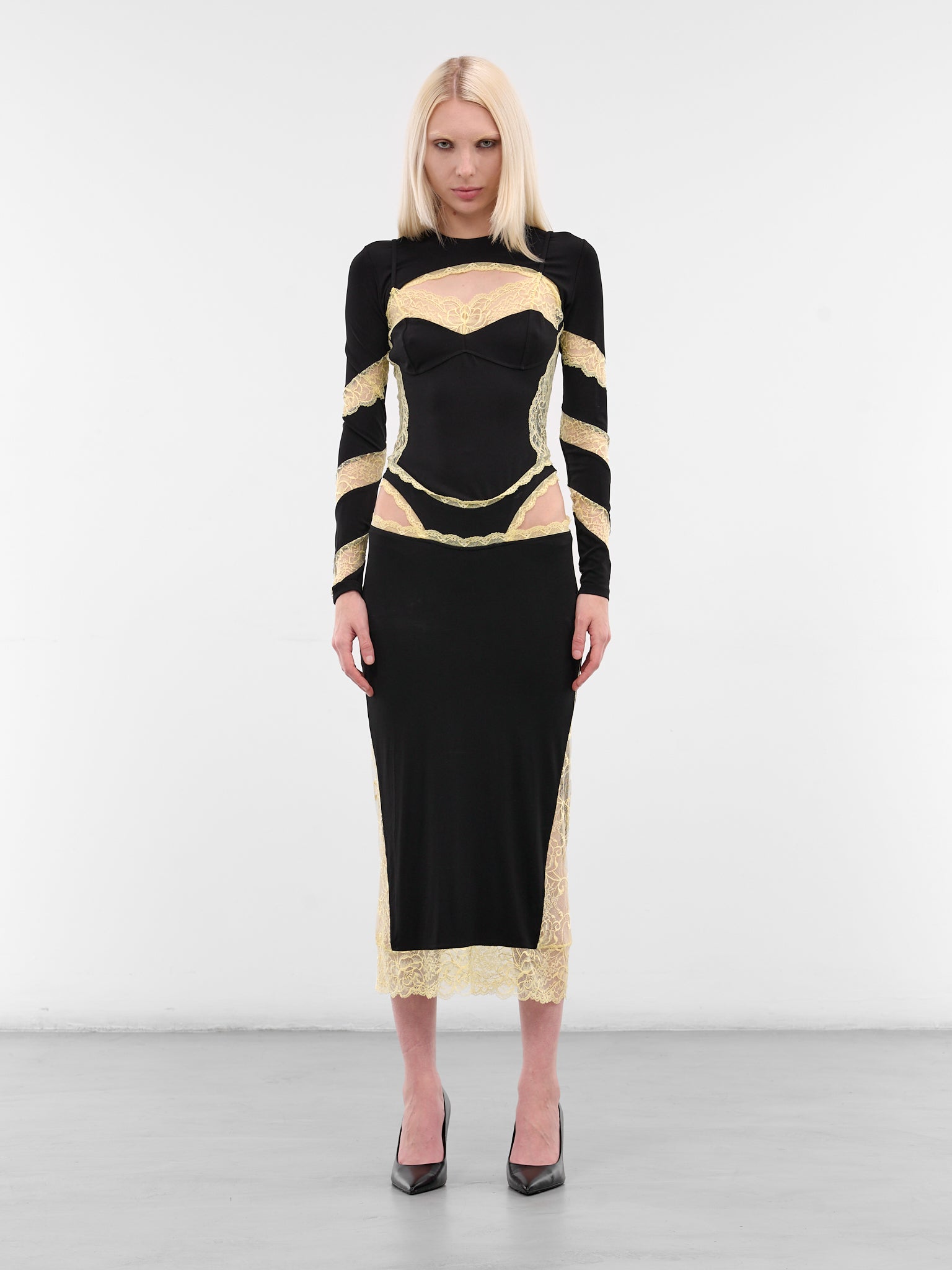 Draped Jersey & Lace Midi Dress (WDR369ACJER0082-BK99-BLACK)