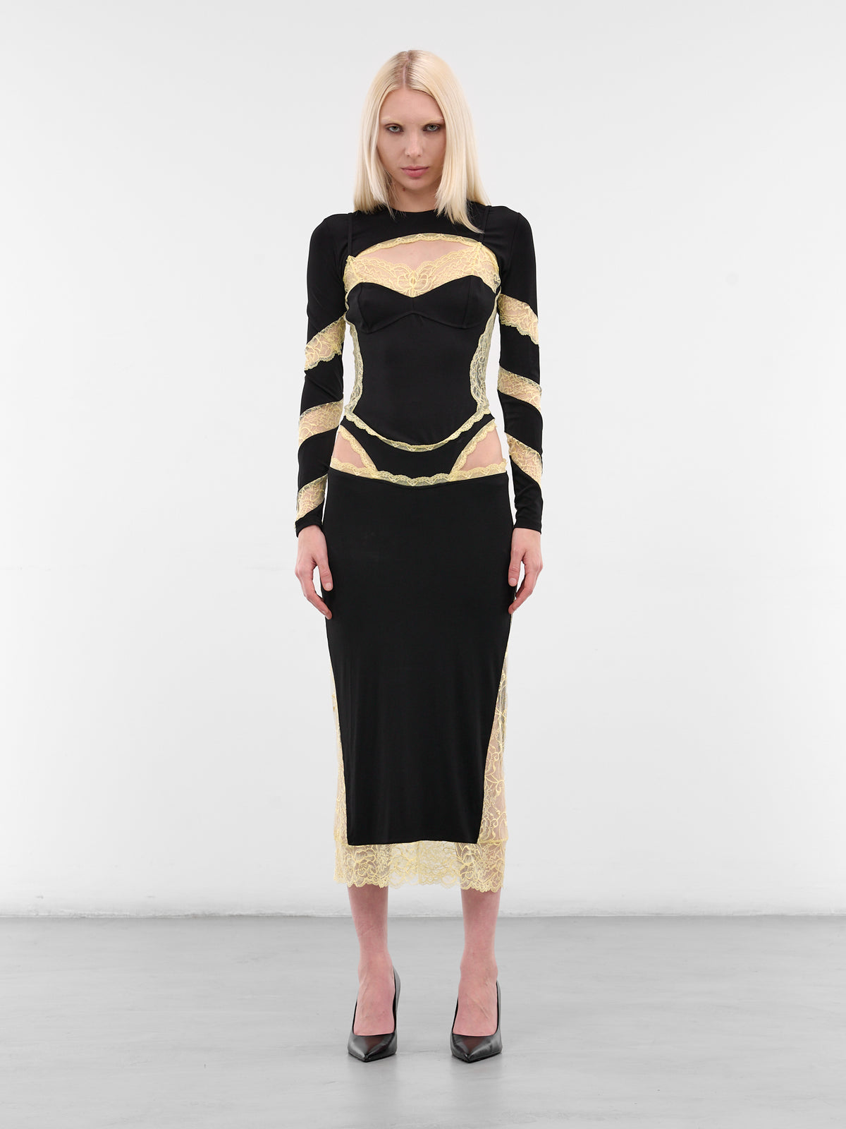 Draped Jersey & Lace Midi Dress (WDR369ACJER0082-BK99-BLACK)