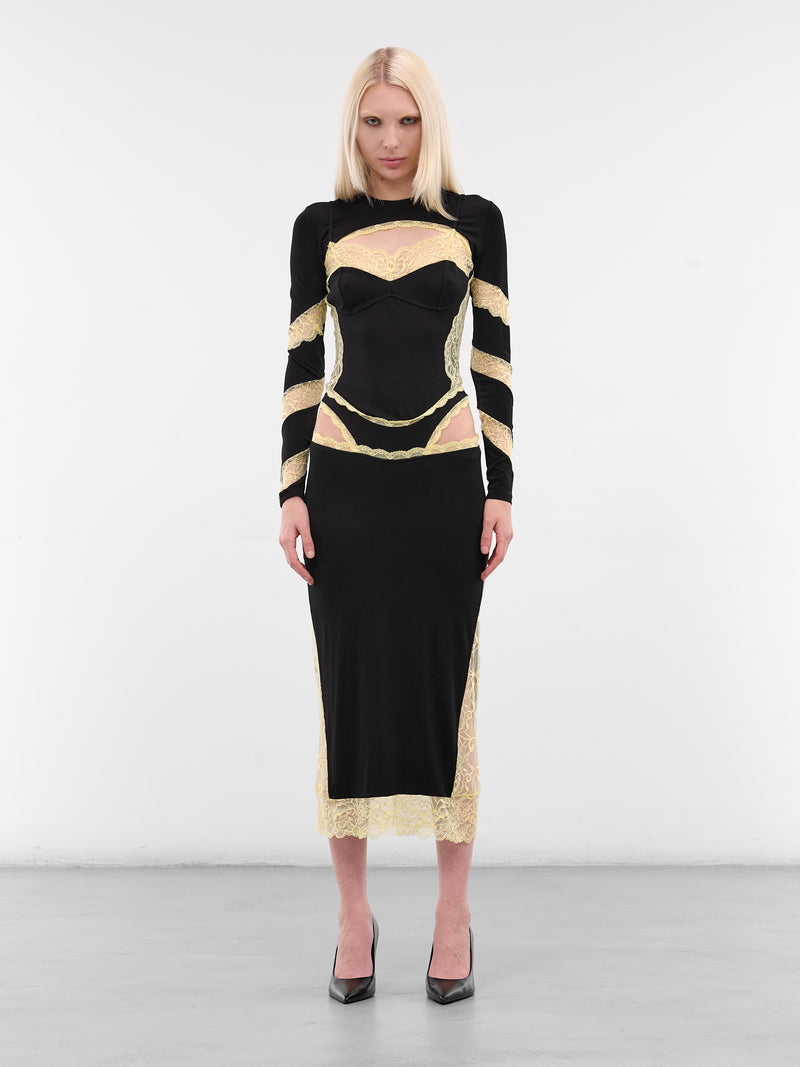 Draped Jersey & Lace Midi Dress (WDR369ACJER0082-BK99-BLACK)