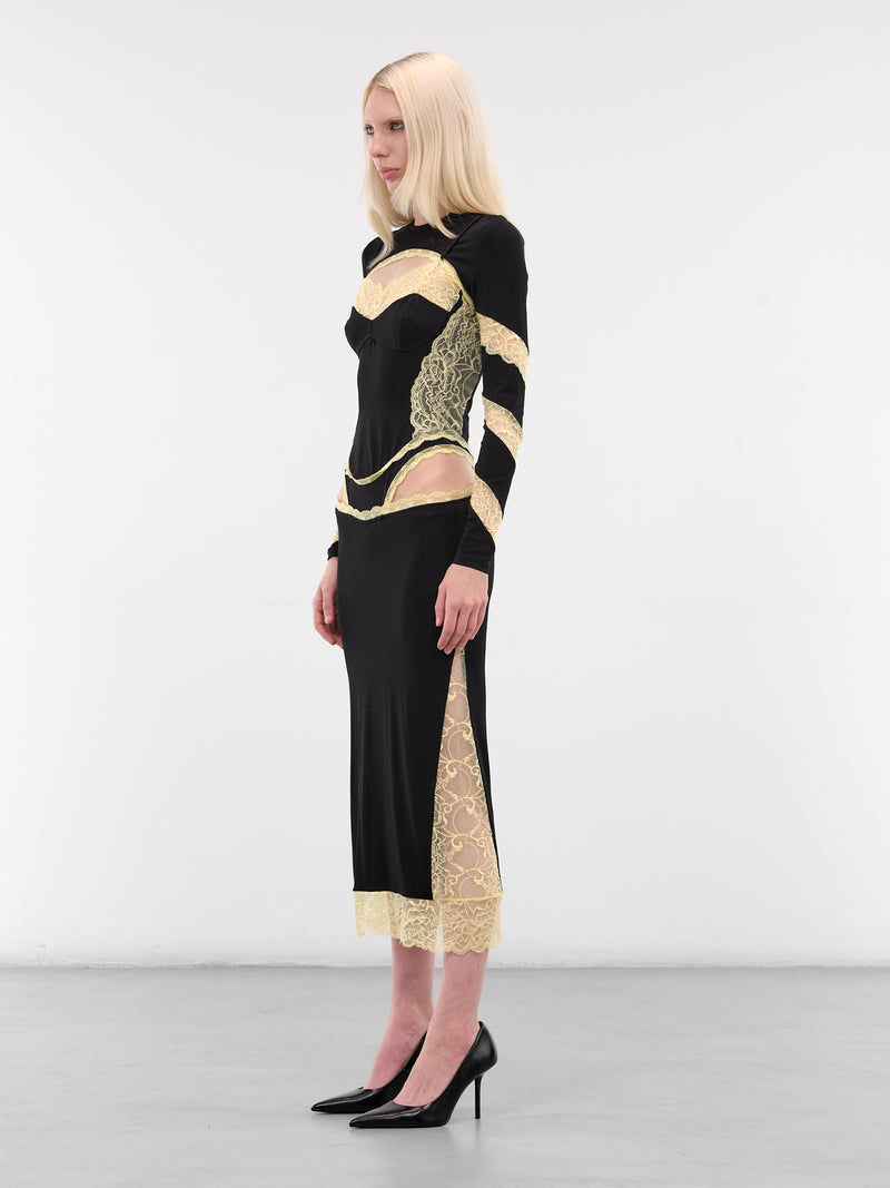 Draped Jersey & Lace Midi Dress (WDR369ACJER0082-BK99-BLACK)
