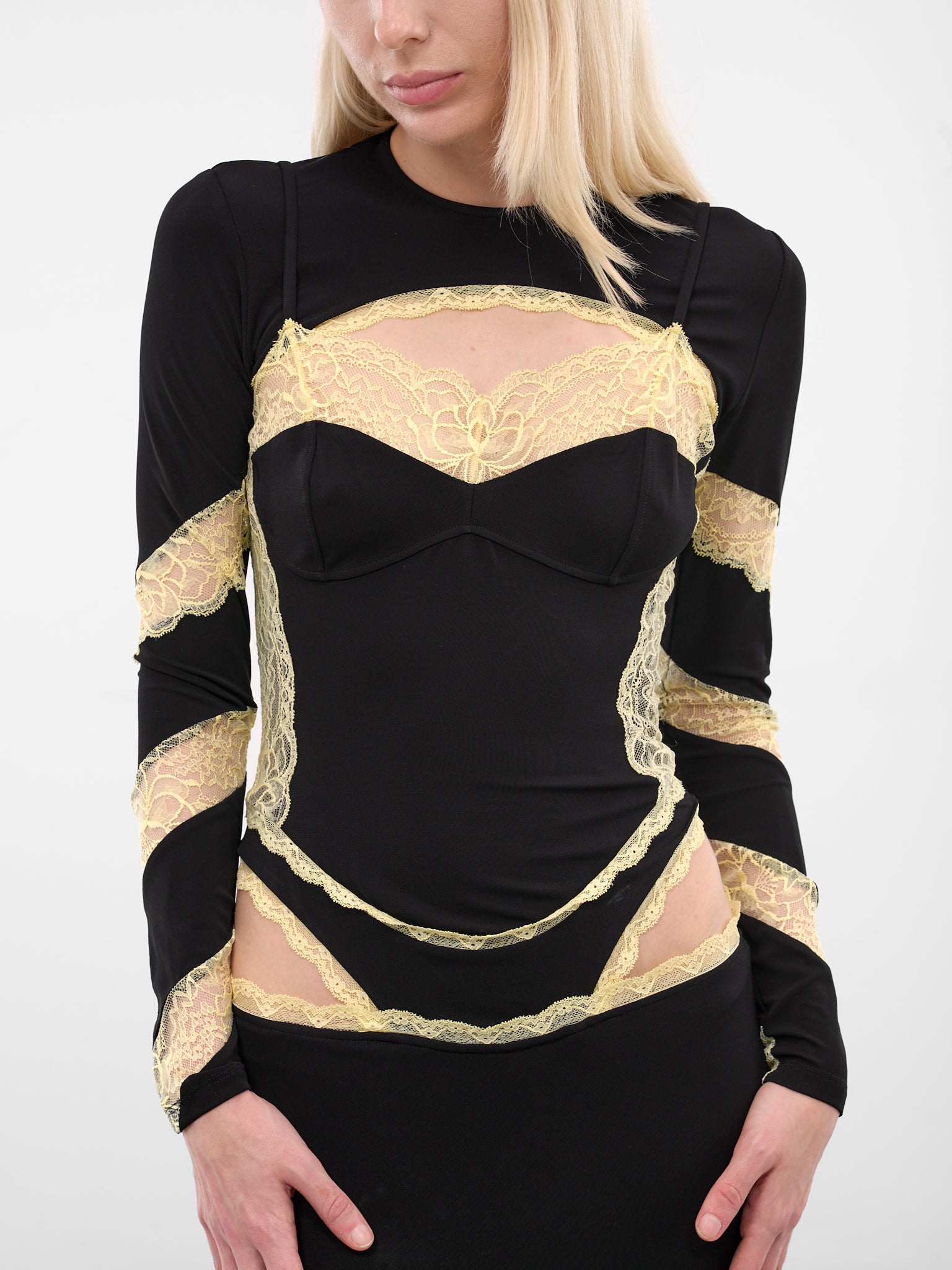 Draped Jersey & Lace Midi Dress (WDR369ACJER0082-BK99-BLACK)