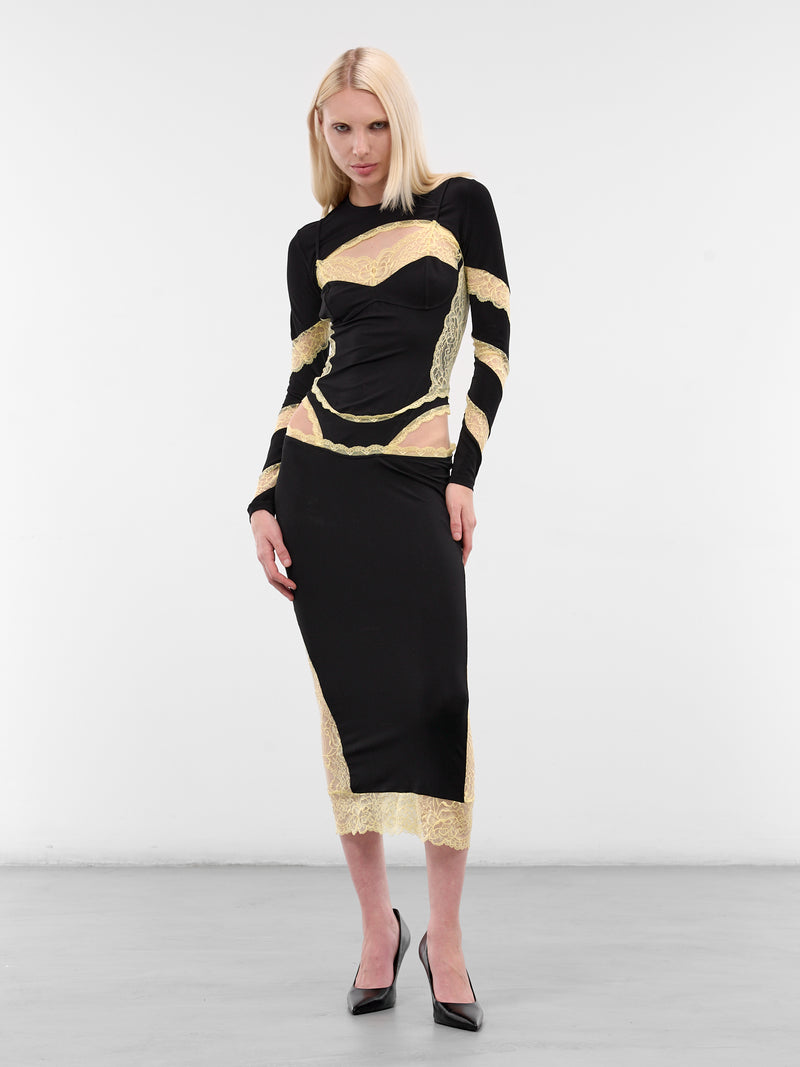 Draped Jersey & Lace Midi Dress (WDR369ACJER0082-BK99-BLACK)