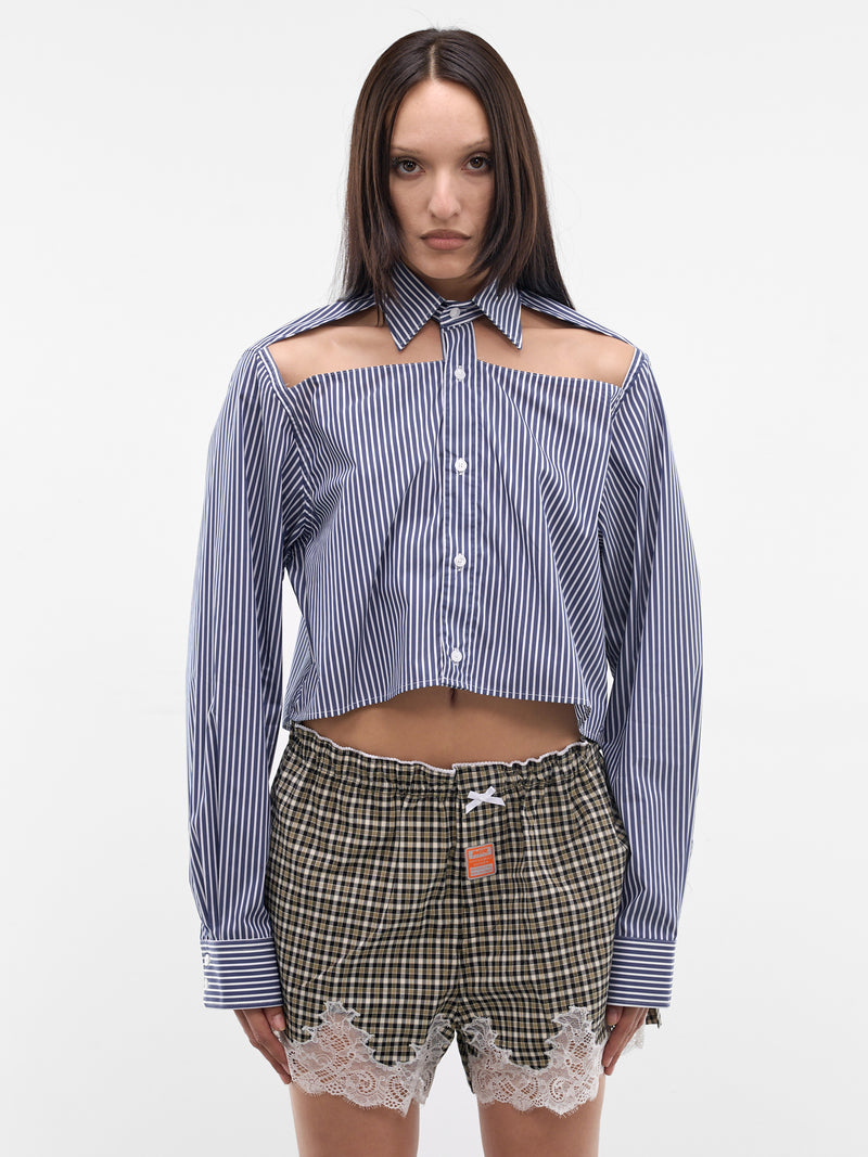 Navy Striped Cut-Out Cropped Shirt (WE76SH375NS-NAVY-STRIPES)