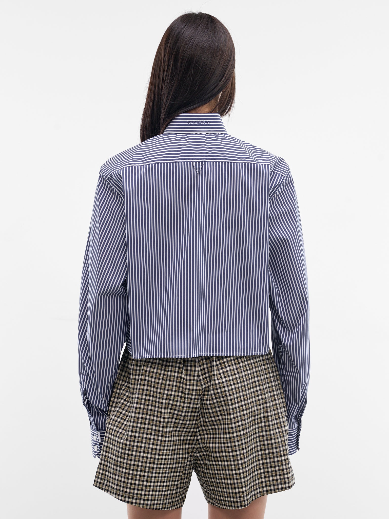 Navy Striped Cut-Out Cropped Shirt (WE76SH375NS-NAVY-STRIPES)