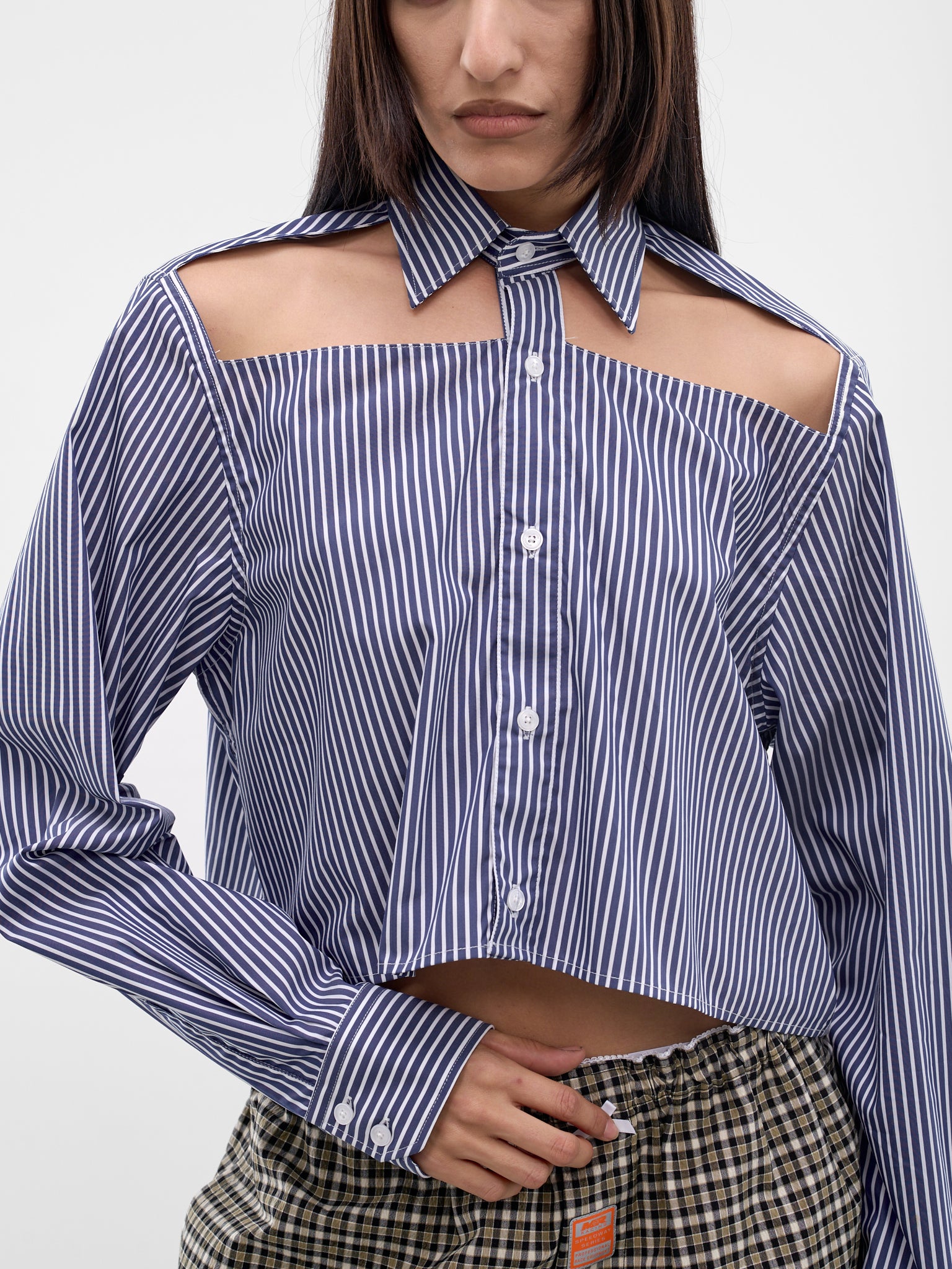 Navy Striped Cut-Out Cropped Shirt (WE76SH375NS-NAVY-STRIPES)