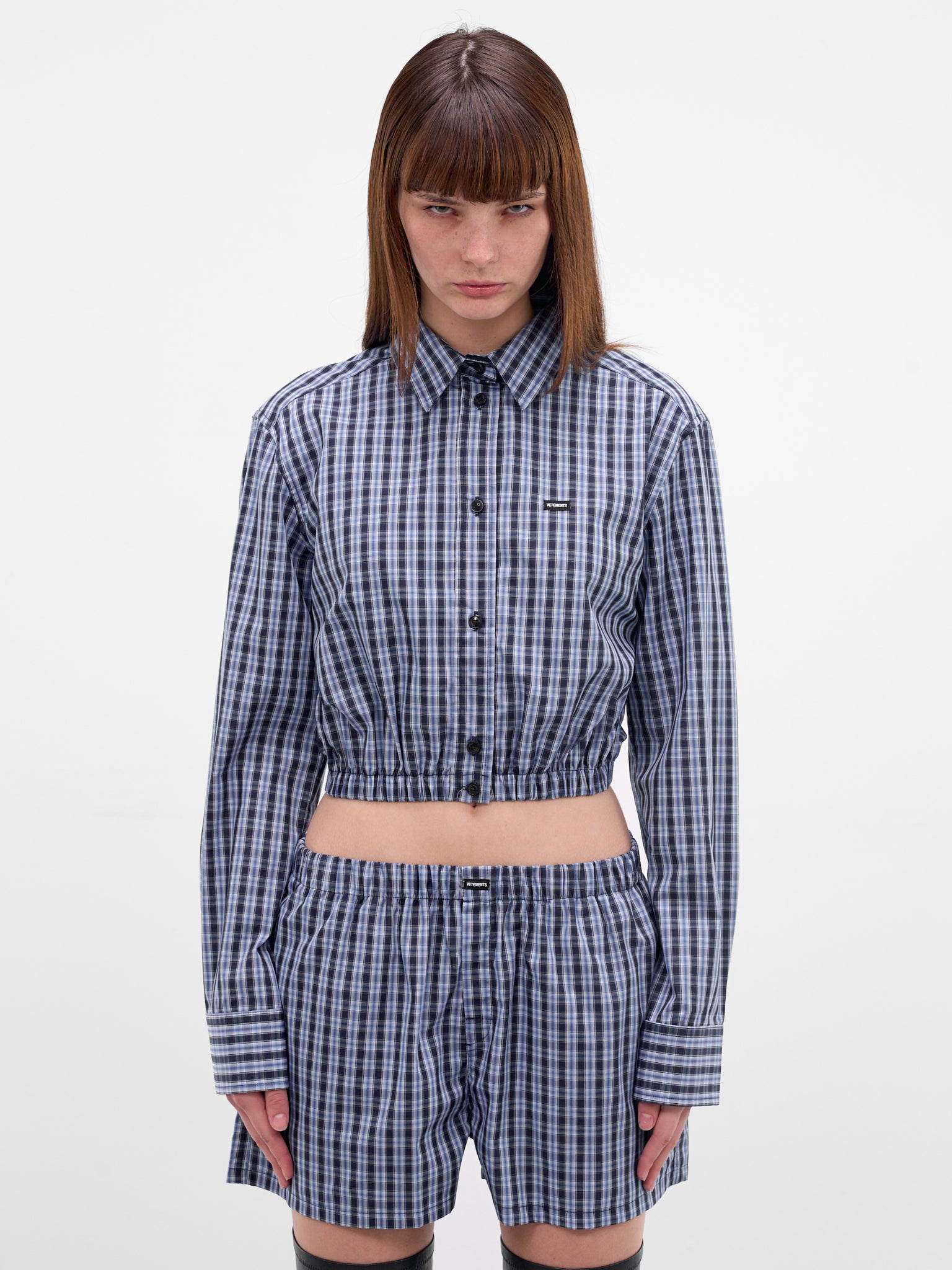 Blue Check Cotton Cropped Shirt (WE76SH385NC-BLUE-NAVY-CHECK)