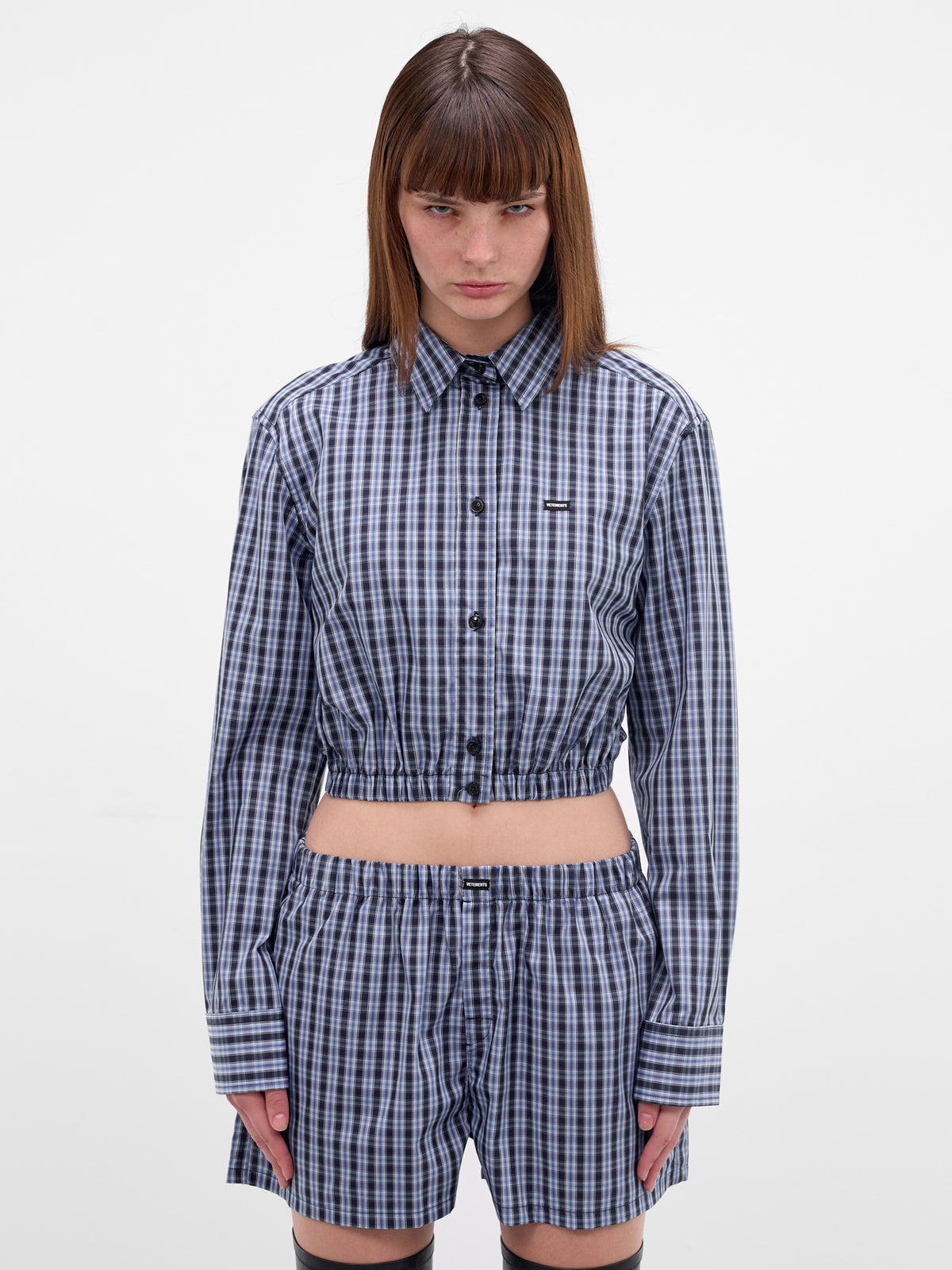 Blue Check Cotton Cropped Shirt (WE76SH385NC-BLUE-NAVY-CHECK)