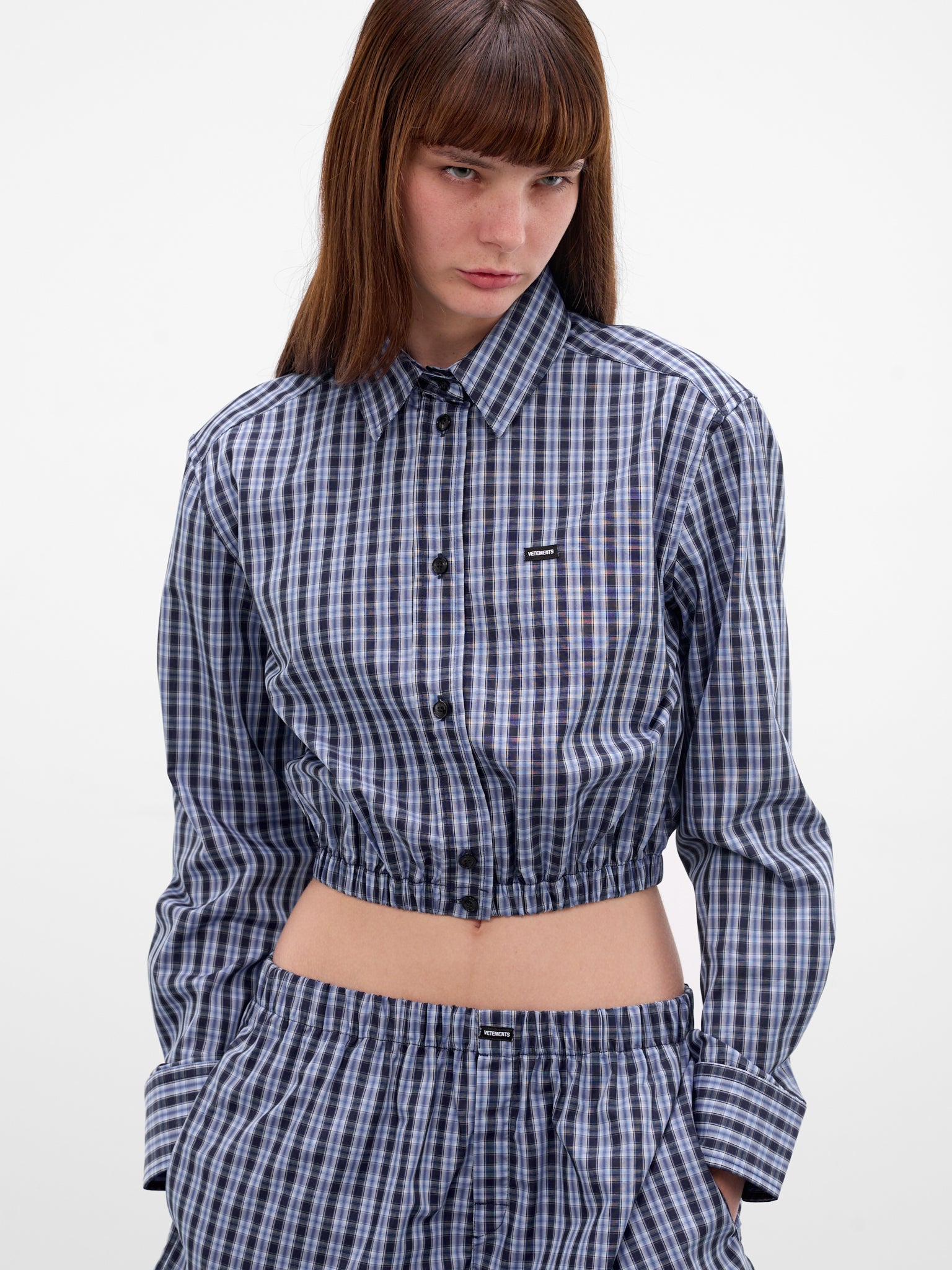 Blue Check Cotton Cropped Shirt (WE76SH385NC-BLUE-NAVY-CHECK)