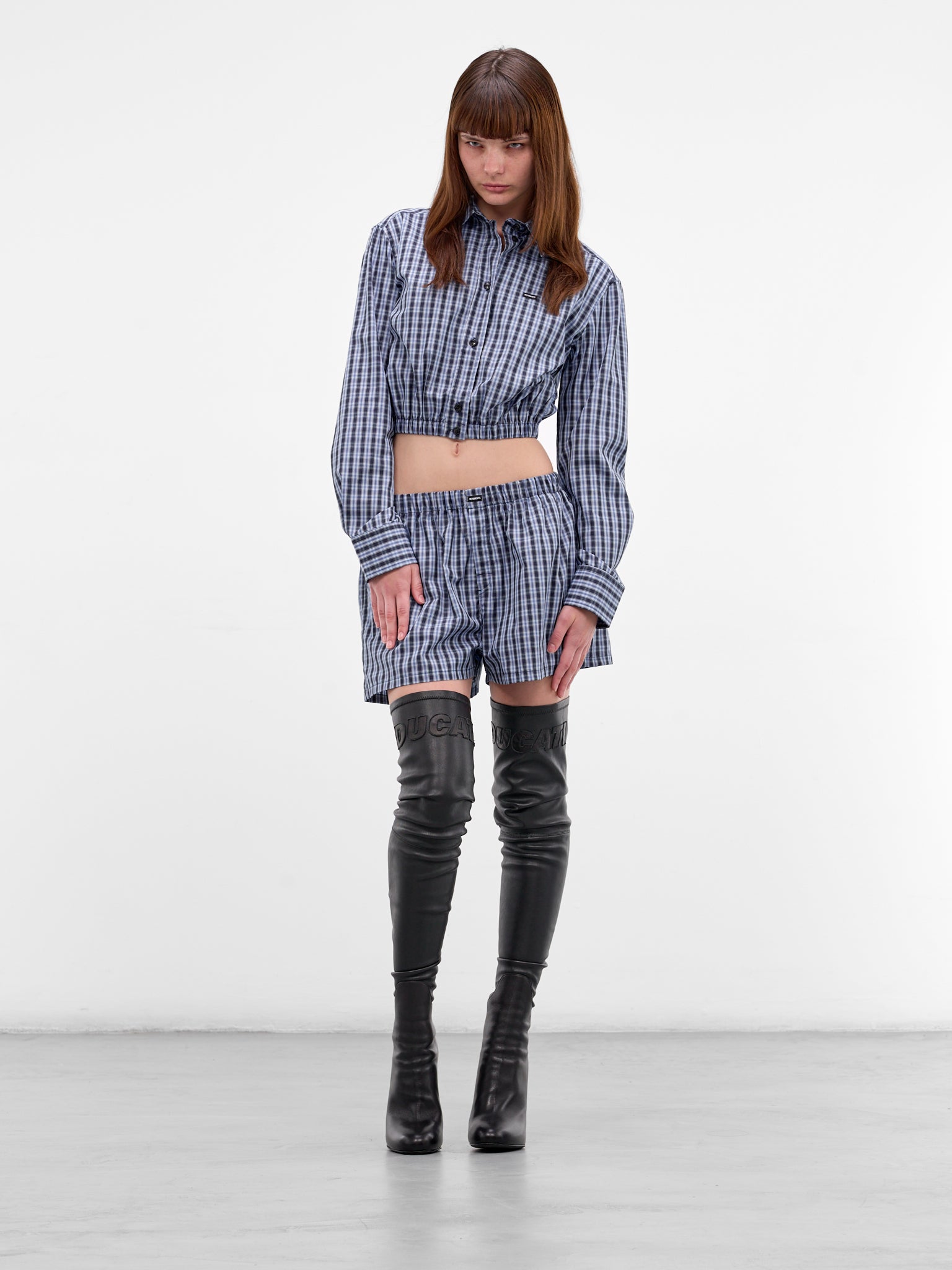 Blue Check Cotton Cropped Shirt (WE76SH385NC-BLUE-NAVY-CHECK)