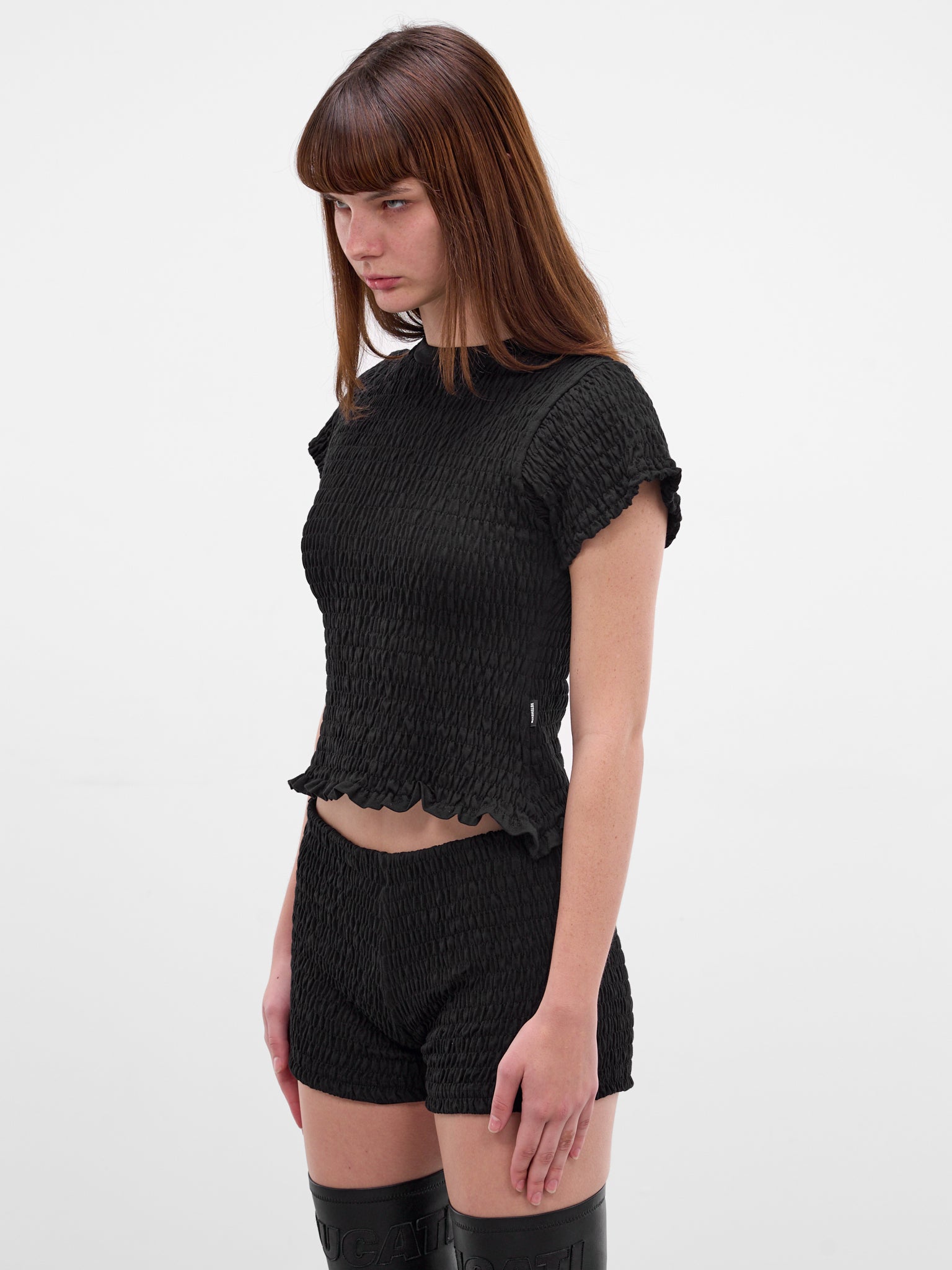 Black Cotton Jersey Shirred Tee (WE76TR422B-BLACK)