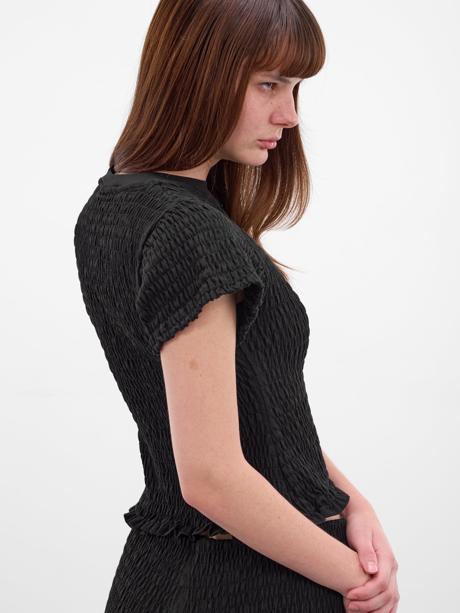 Black Cotton Jersey Shirred Tee (WE76TR422B-BLACK)