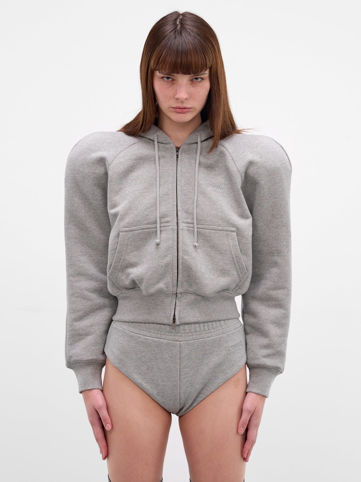 Gray Round Shoulders Zip Hoodie (WE76ZU503G-GREY-MELANGE)