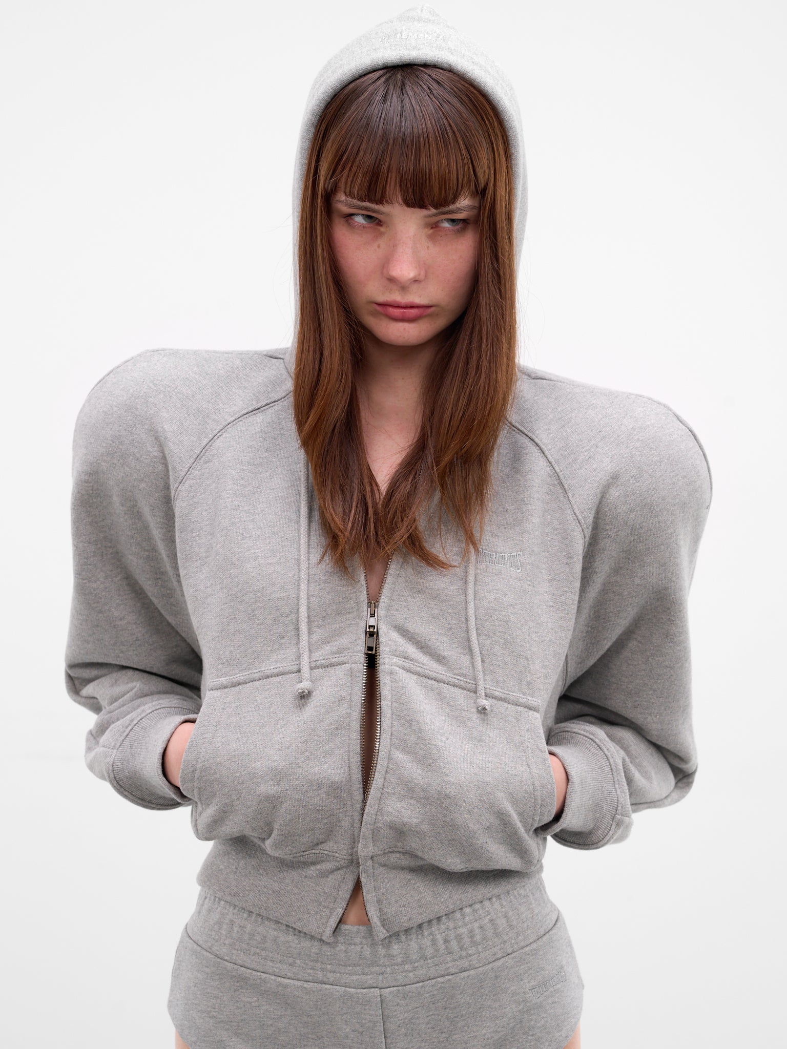 Gray Round Shoulders Zip Hoodie (WE76ZU503G-GREY-MELANGE)