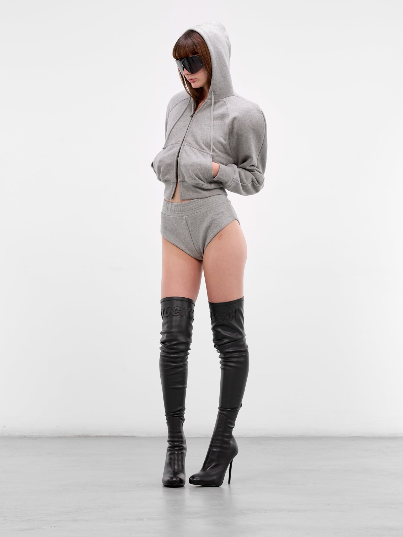 Gray Round Shoulders Zip Hoodie (WE76ZU503G-GREY-MELANGE)