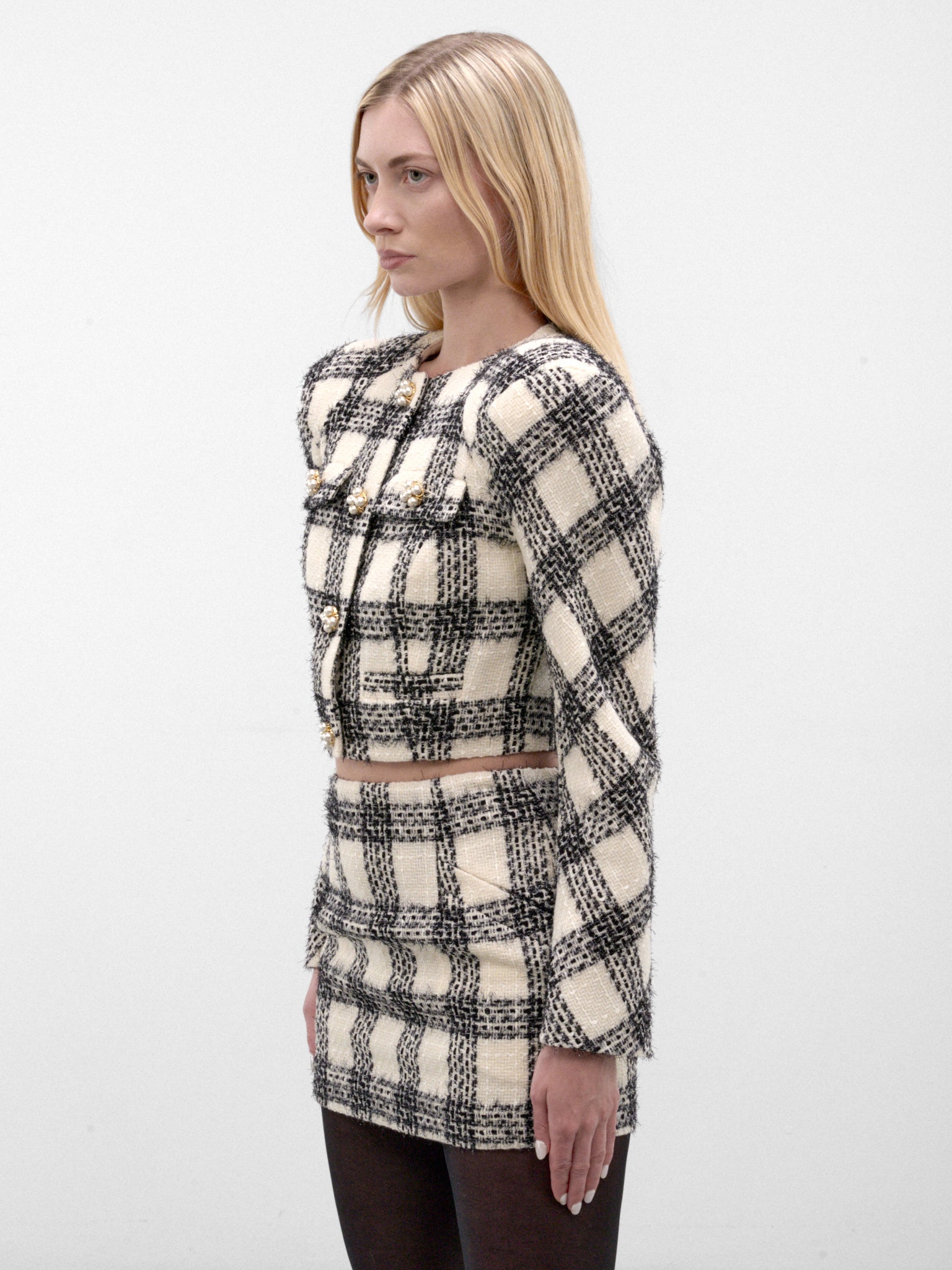Checkered Tweed Round Shoulder Jacket (WH27JA025WC-WHITE-CHECKERED)