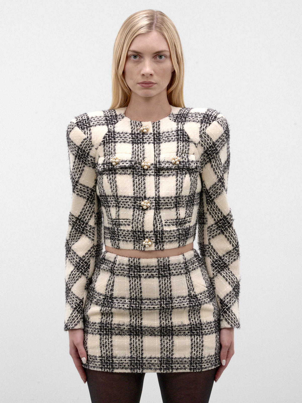 Checkered Tweed Round Shoulder Jacket (WH27JA025WC-WHITE-CHECKERED)
