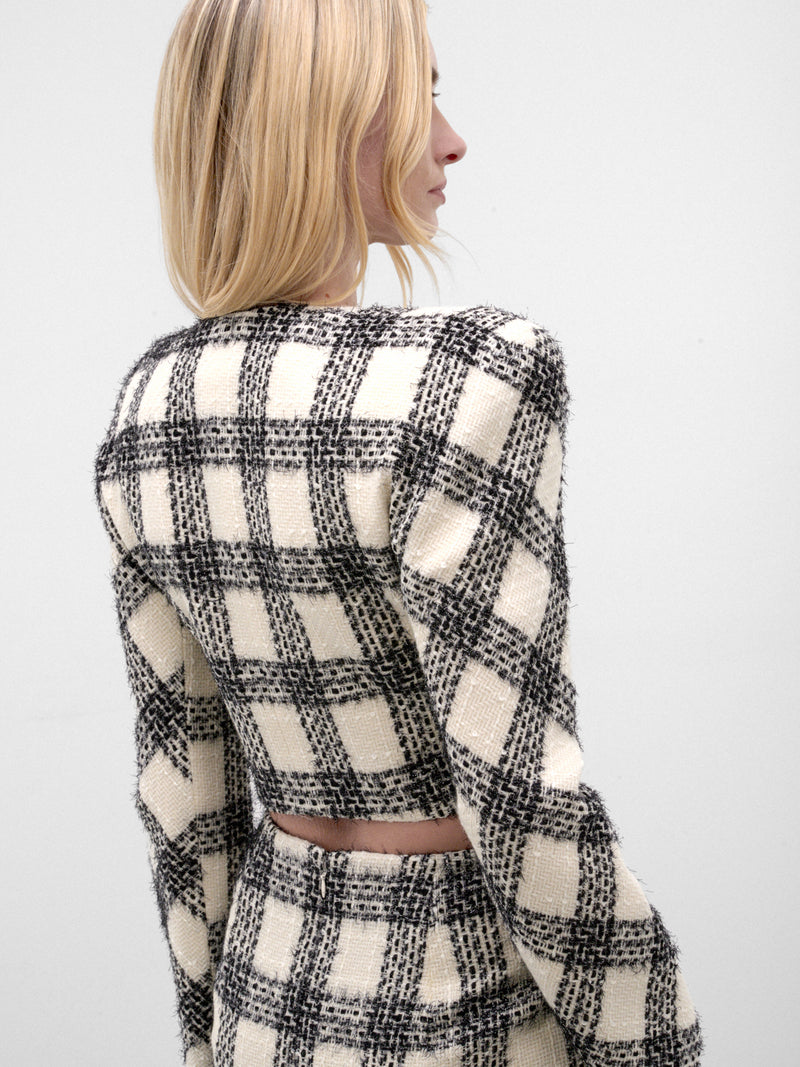 Checkered Tweed Round Shoulder Jacket (WH27JA025WC-WHITE-CHECKERED)
