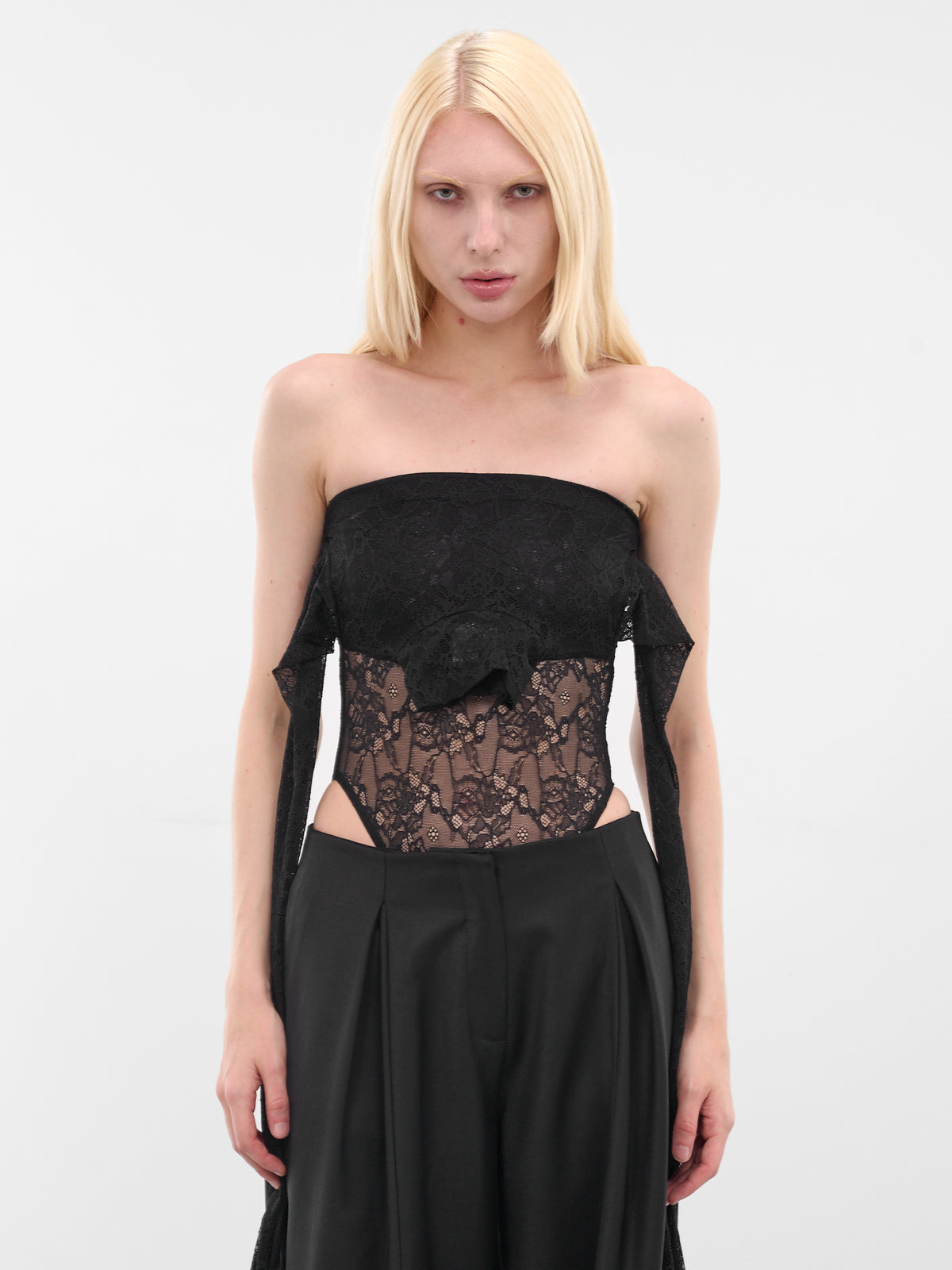 Black Lace Deconstructed Sleeve Bodysuit (WH76BD160B-BLACK)