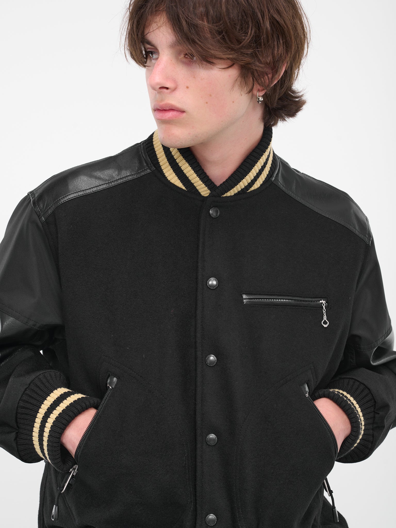 Mixed-Material Varsity Jacket (WL-J022-051-BLACK)