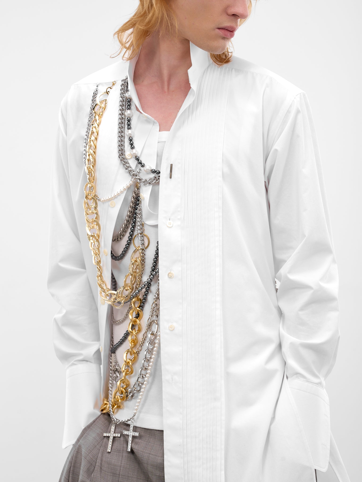 White Layered Necklaces Deconstructed Shirt (WQ-B001-S26-WHITE)