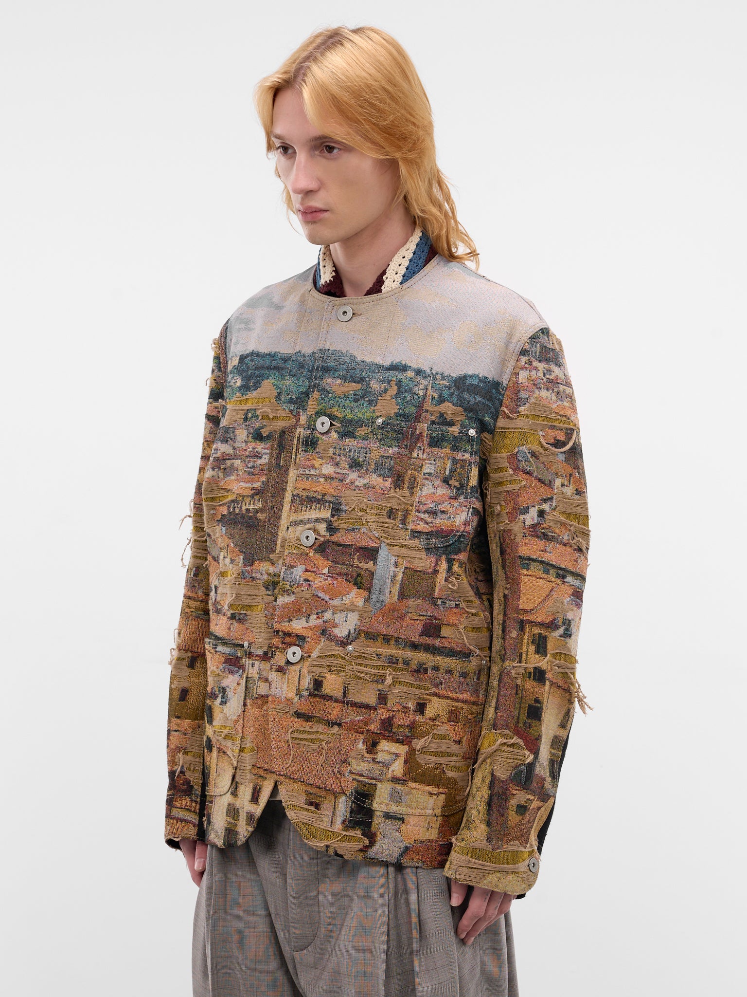 Beige Distressed Cityscape Knit Jacket (WQ-J028-S26-BEIGE-GREEN-BLUE-B)