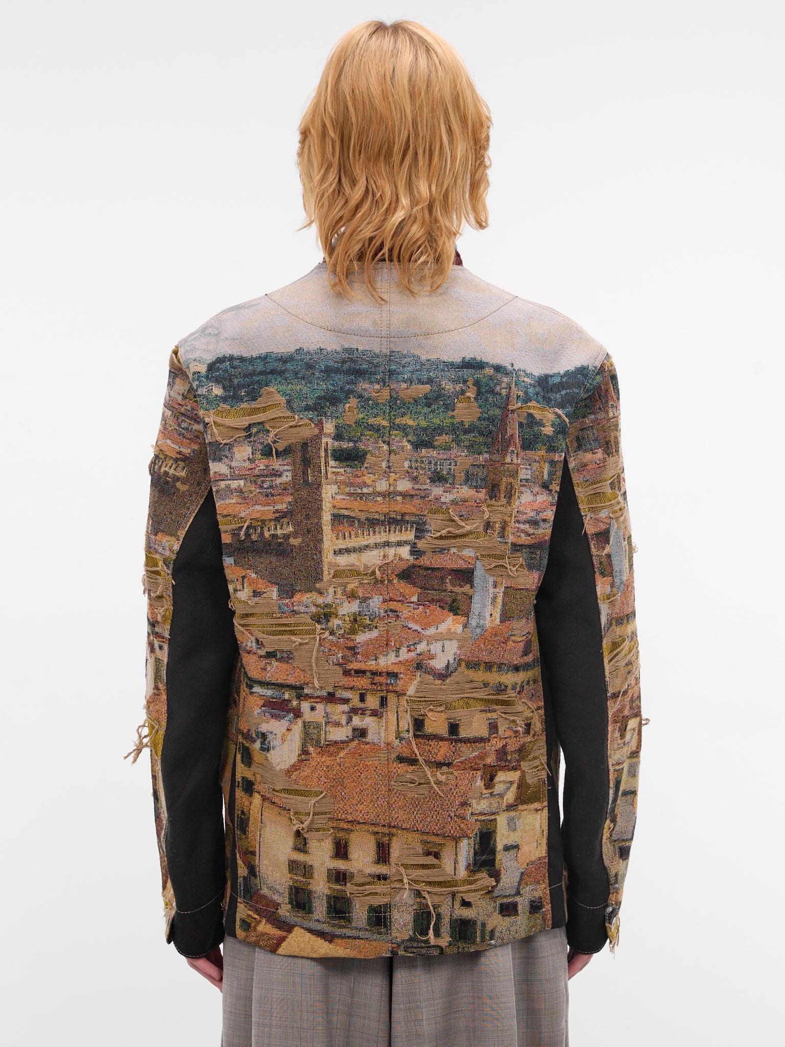 Beige Distressed Cityscape Knit Jacket (WQ-J028-S26-BEIGE-GREEN-BLUE-B)