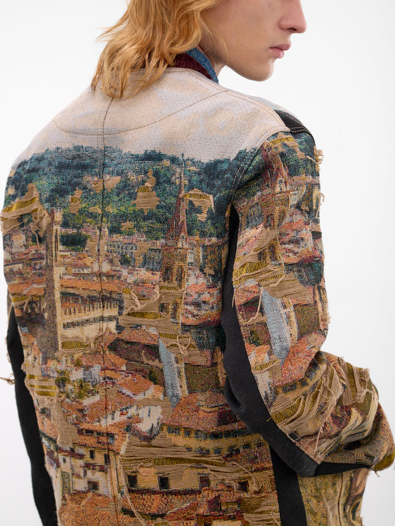 Beige Distressed Cityscape Knit Jacket (WQ-J028-S26-BEIGE-GREEN-BLUE-B)