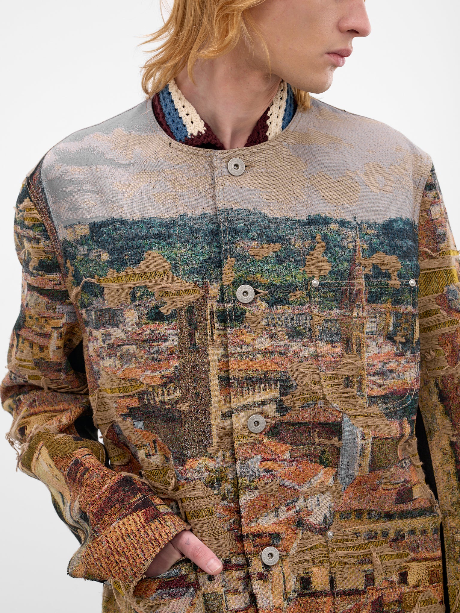 Beige Distressed Cityscape Knit Jacket (WQ-J028-S26-BEIGE-GREEN-BLUE-B)