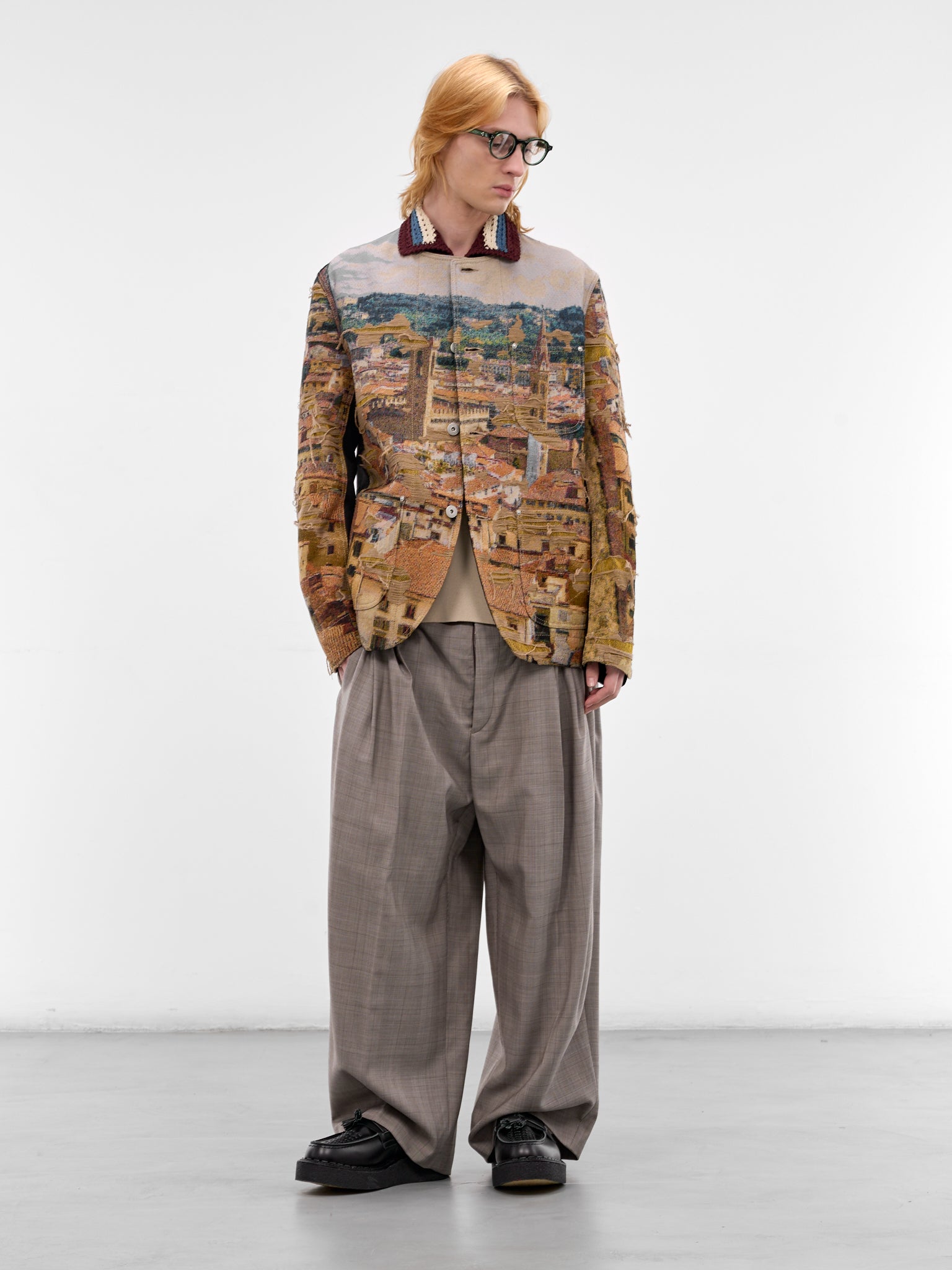 Beige Distressed Cityscape Knit Jacket (WQ-J028-S26-BEIGE-GREEN-BLUE-B)