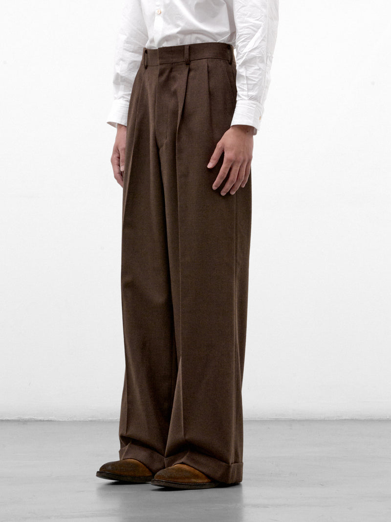 Brown Wool Pleated Wide Trousers (WR-P031-W26-BROWN)