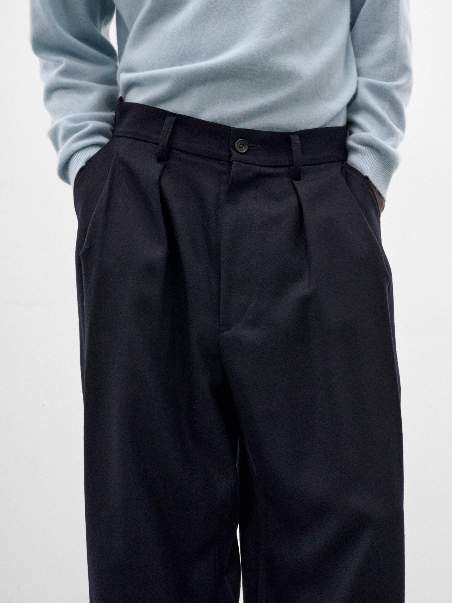 Navy Wool Pleated Wide Trousers (WR-P039-W26-NAVY-NAVY)