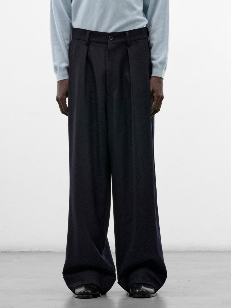 Navy Wool Pleated Wide Trousers (WR-P039-W26-NAVY-NAVY)