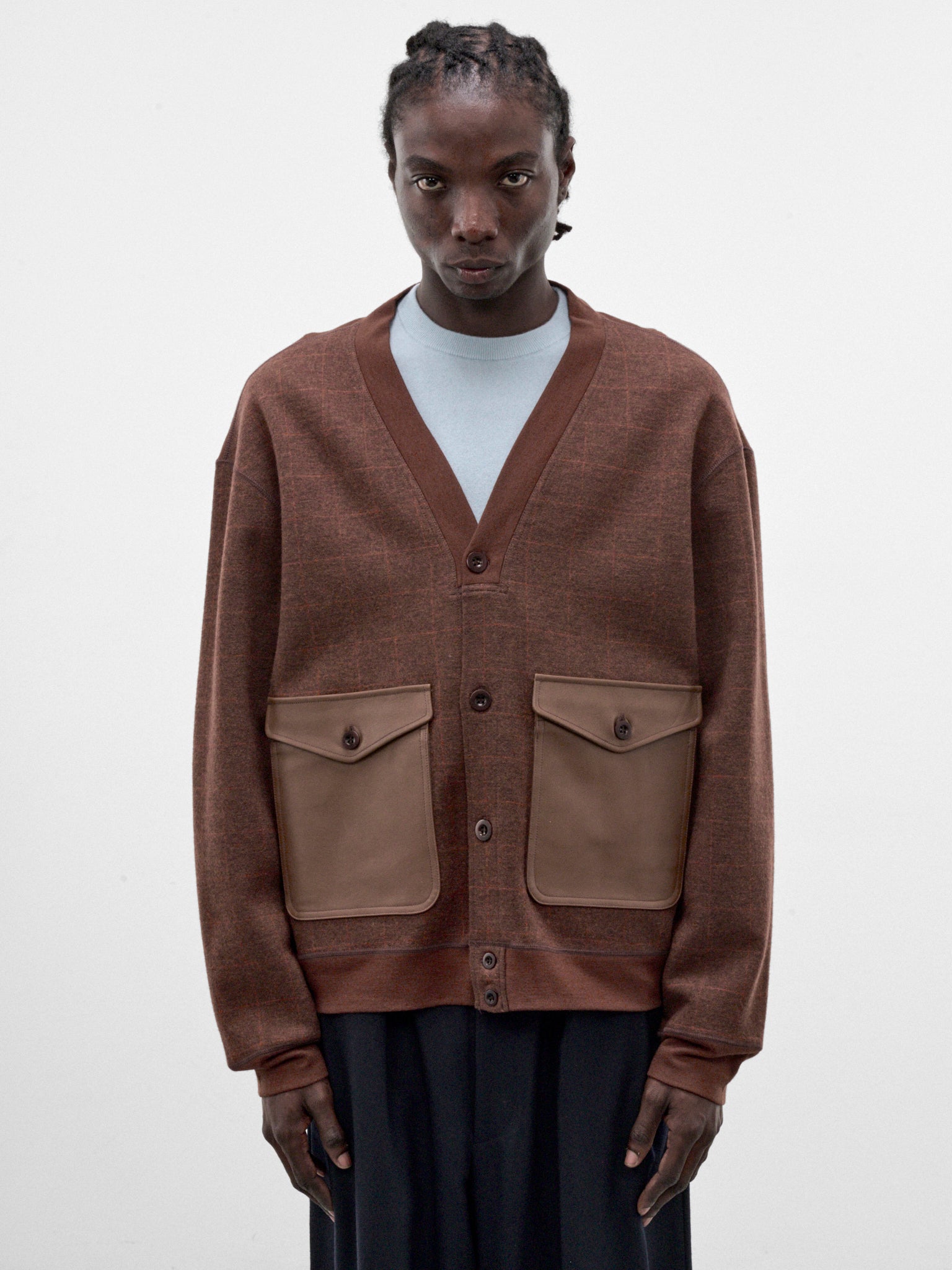 Brown Knit V-Neck Cardigan (WR-T013-W26-MULTI)