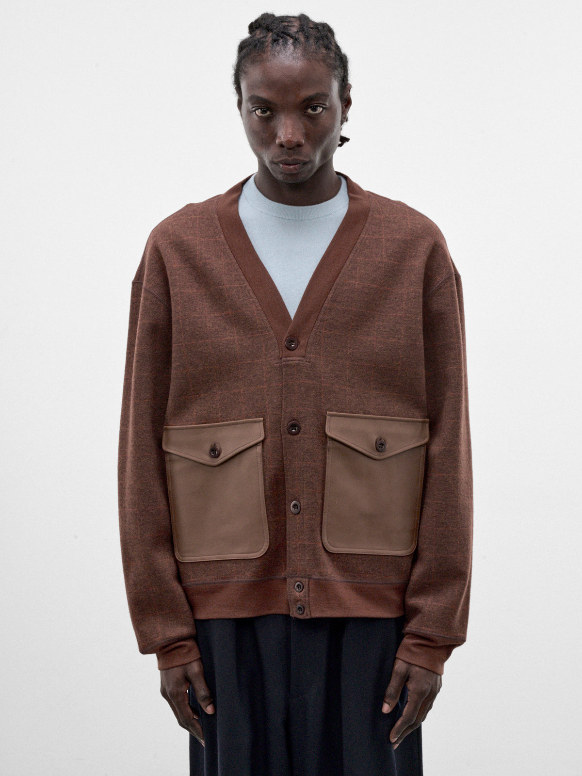 Brown Knit V-Neck Cardigan (WR-T013-W26-MULTI)