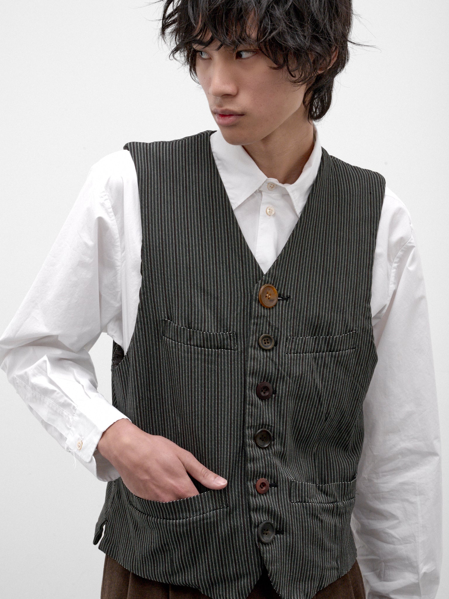 Mismatched Buttons Pinstripe Vest (WR-V002-W26-BLACK-RED-GREY)