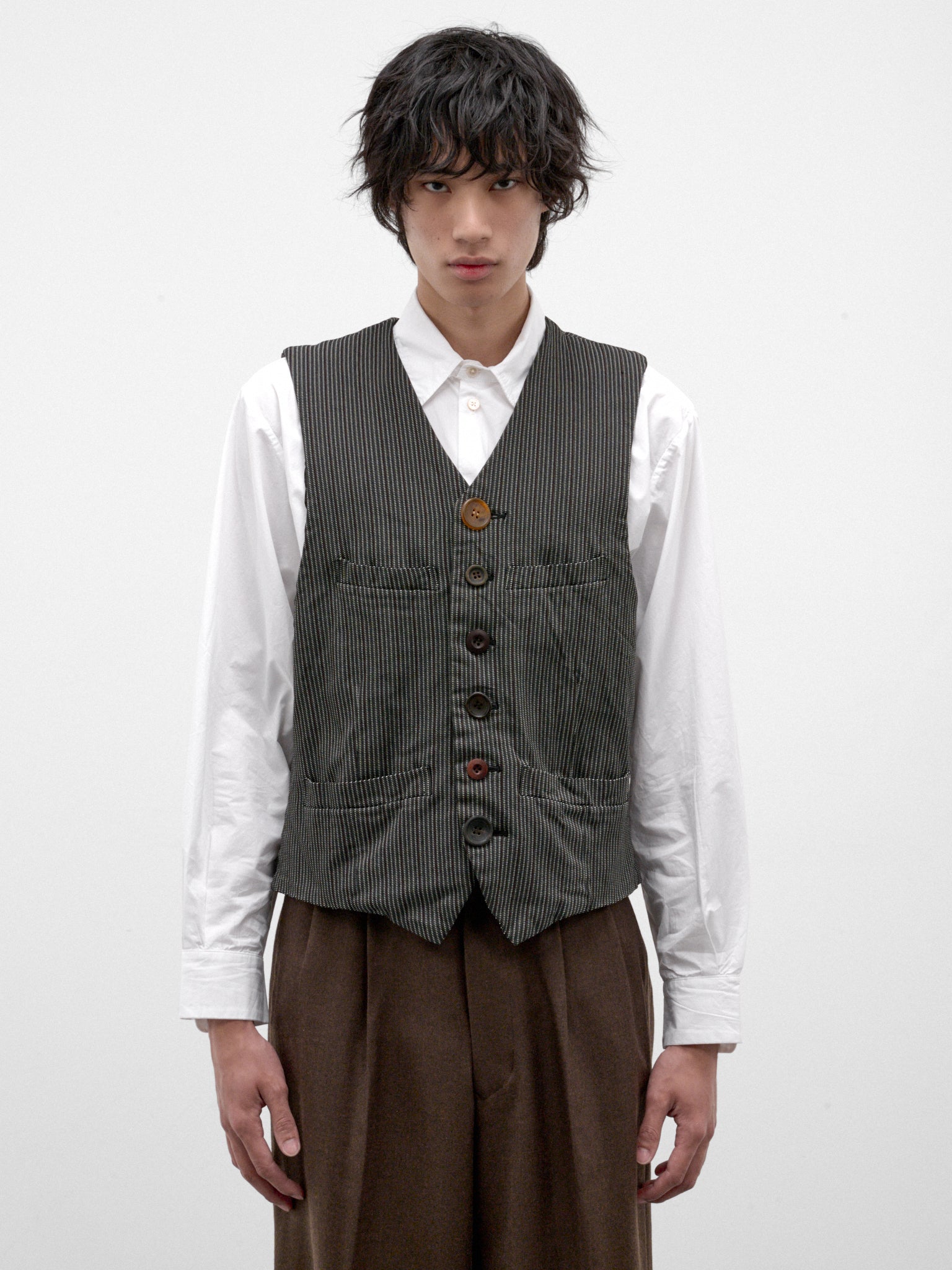 Mismatched Buttons Pinstripe Vest (WR-V002-W26-BLACK-RED-GREY)