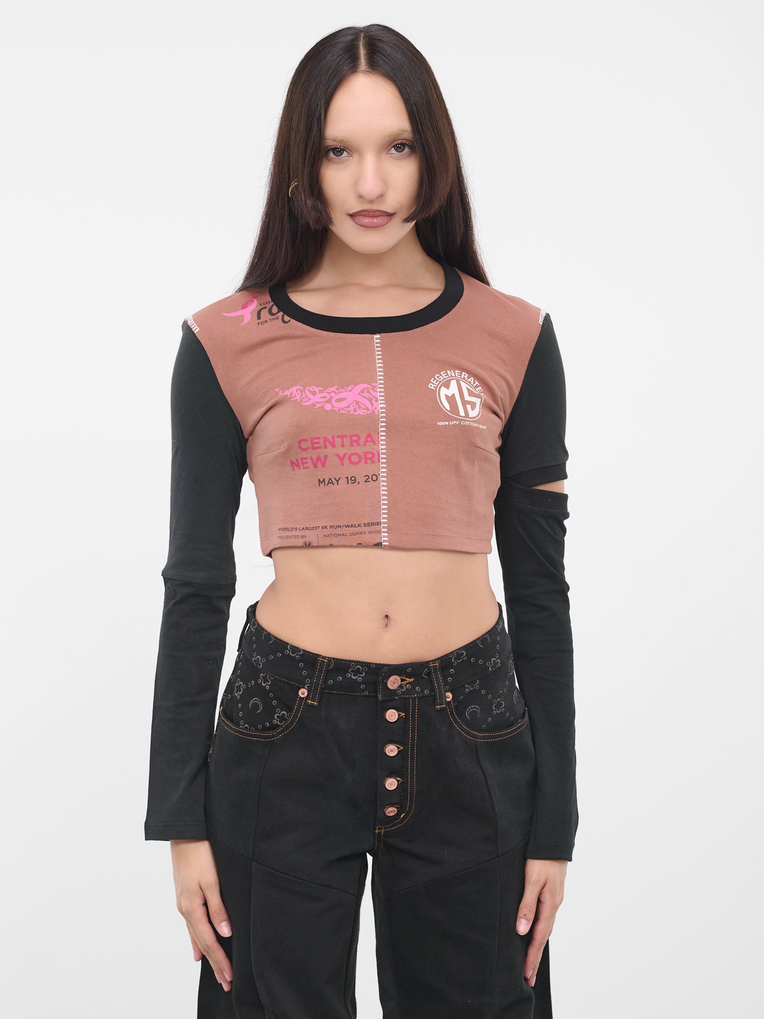 Regenerated Patchwork Crop Tee (WTO055-UJER0003-BR51-BROWN-MUL)