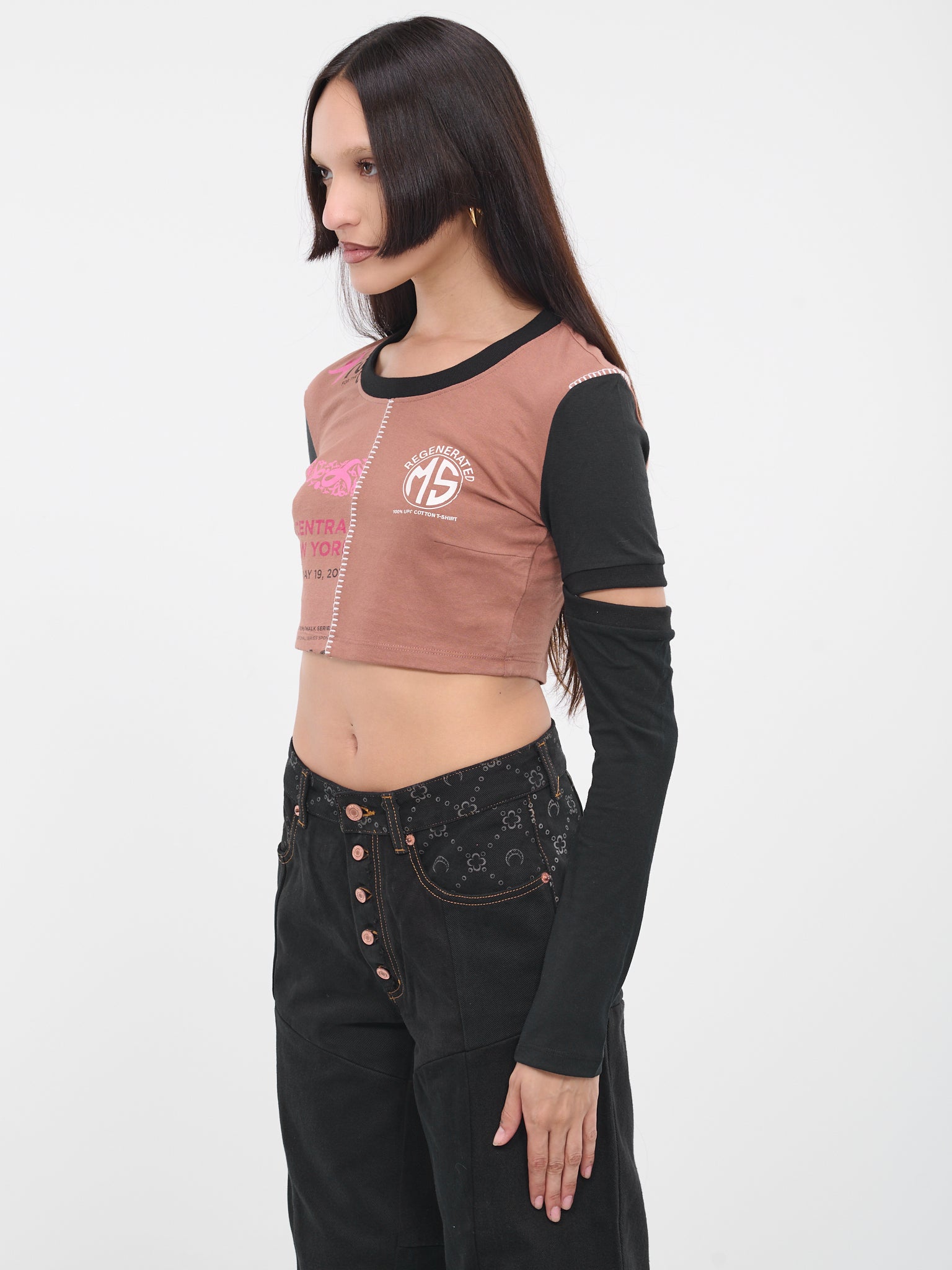 Regenerated Patchwork Crop Tee (WTO055-UJER0003-BR51-BROWN-MUL)
